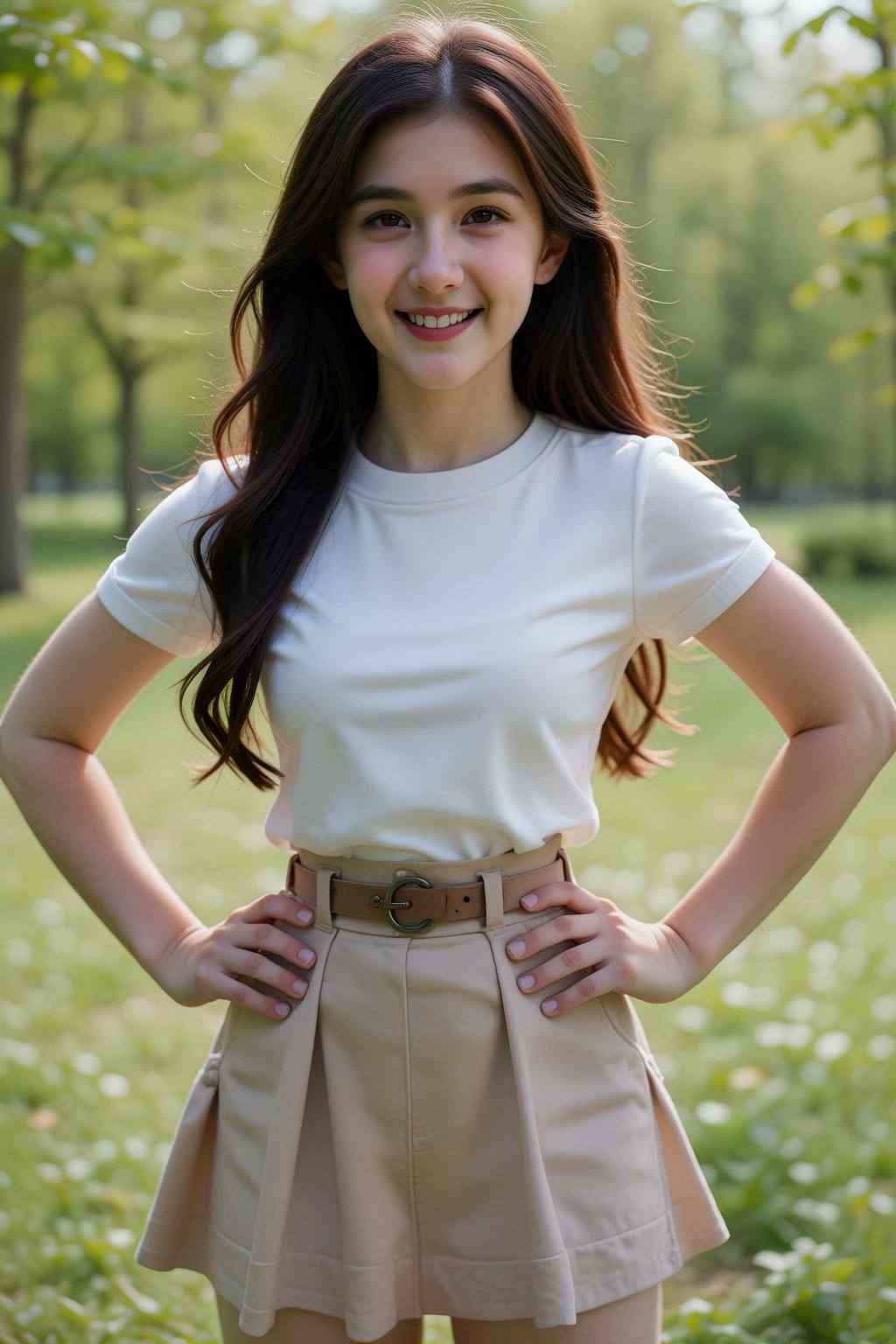 female teenager with long dark brown wavy hair standing outdoors smiling with hands on hips wearing a white short-sleeved...