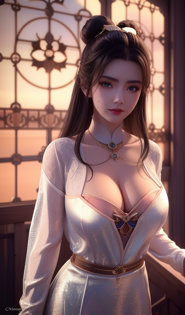 <lora:638-DA-暗河传-白鹤淮-妇人:0.8>(,1girl, ,best quality, ),looking at viewer,masterpiece, (( , )),, realistic,science fiction,mole, ultra realistic 8k cg, sun ,  rose,(cleavage), (),