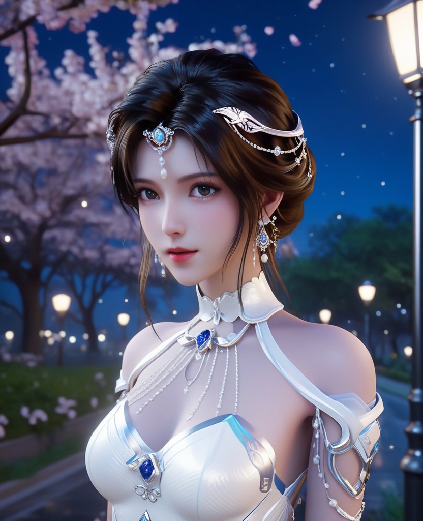 <lora:613-DA-XL-神印王座-白玥:0.8>(,1girl, ,best quality, ),looking at viewer, ,ultra detailed 8k cg, ultra detailed background,  ultra realistic 8k cg,          cinematic lighting, cinematic bloom, (( , )),,  , unreal, science fiction,  luxury, jewelry, diamond, pearl, gem, sapphire, ruby, emerald, intricate detail, delicate pattern, charming, alluring, seductive, erotic, enchanting, hair ornament, necklace, earrings, bracelet, armlet,halo,masterpiece, (( , )),,  ,cherry blossoms,(((, night,night sky,lamppost,  ultra high res, (photorealistic:1.4), raw photo, 1girl, , rain, sweat, ,wet, )))(( , ))   (cleavage), (),