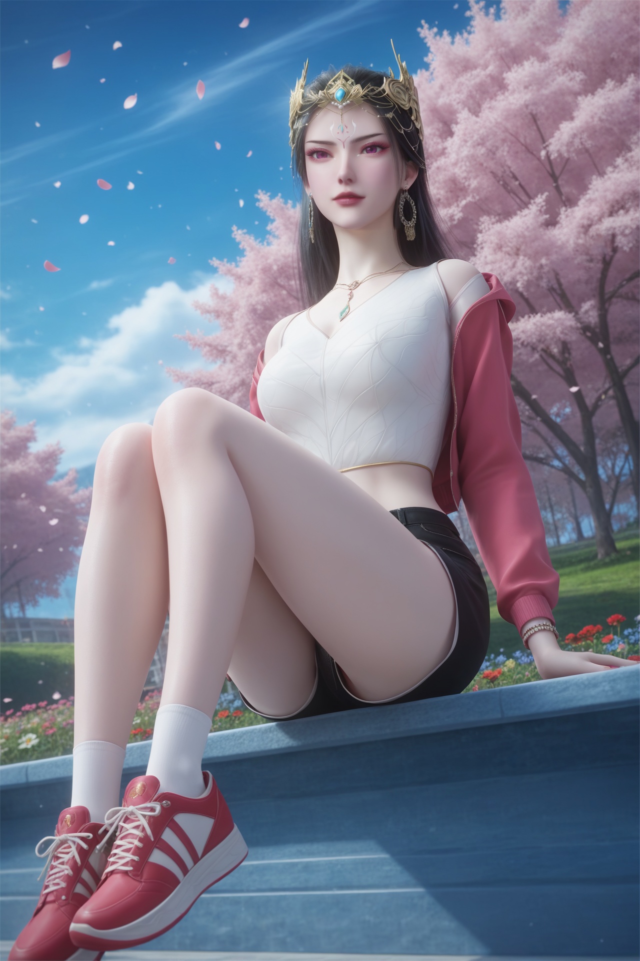 hongdie,<lora:hongdieXL:0.6>,score_9,score_8_up,score_7_up,32K UHD,8k,4k,best quality,extremely detailed cg 8k wallpaper,ultra-detailed,masterpiece,sharp focus,unconventional supreme masterpiece,masterful details,temperate atmosphere,with a high-end texture,luxurious sharp focus,intense,dynamic cinematic color,located artistic,Fashion and art,elegant and sophisticated,innovative use of light and shadow,decorative,allegorical,symbolic,with a high-end texture,day,sky,outdoors,flower,flower field,petals,sitting,pale skin,realistic,1girl,solo,looking at viewer,sweatshirt,shorts,shoes,