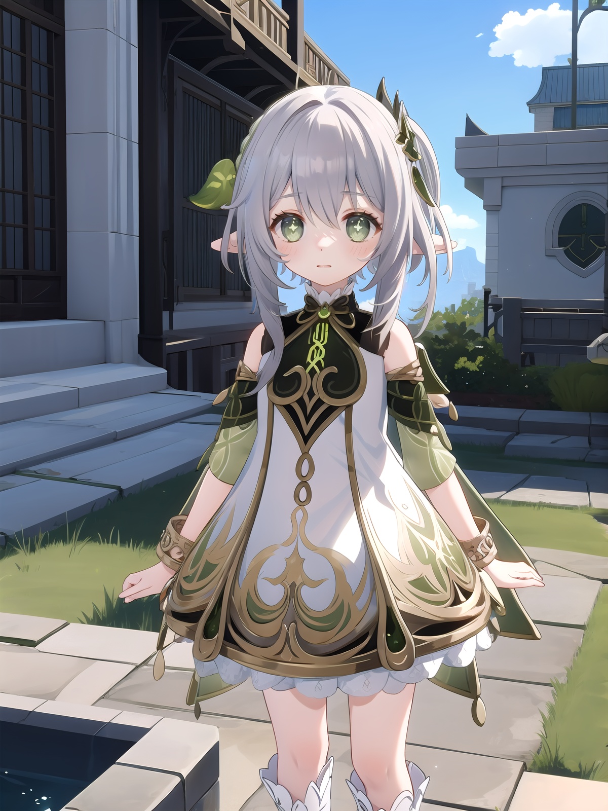 1girl,solo,nahida_genshin,cross-shaped pupils,default_dress,green cape,standing,<lora:[角色]-[纳西妲-原神]Nahida3:1>,, (best quality),((masterpiece)),