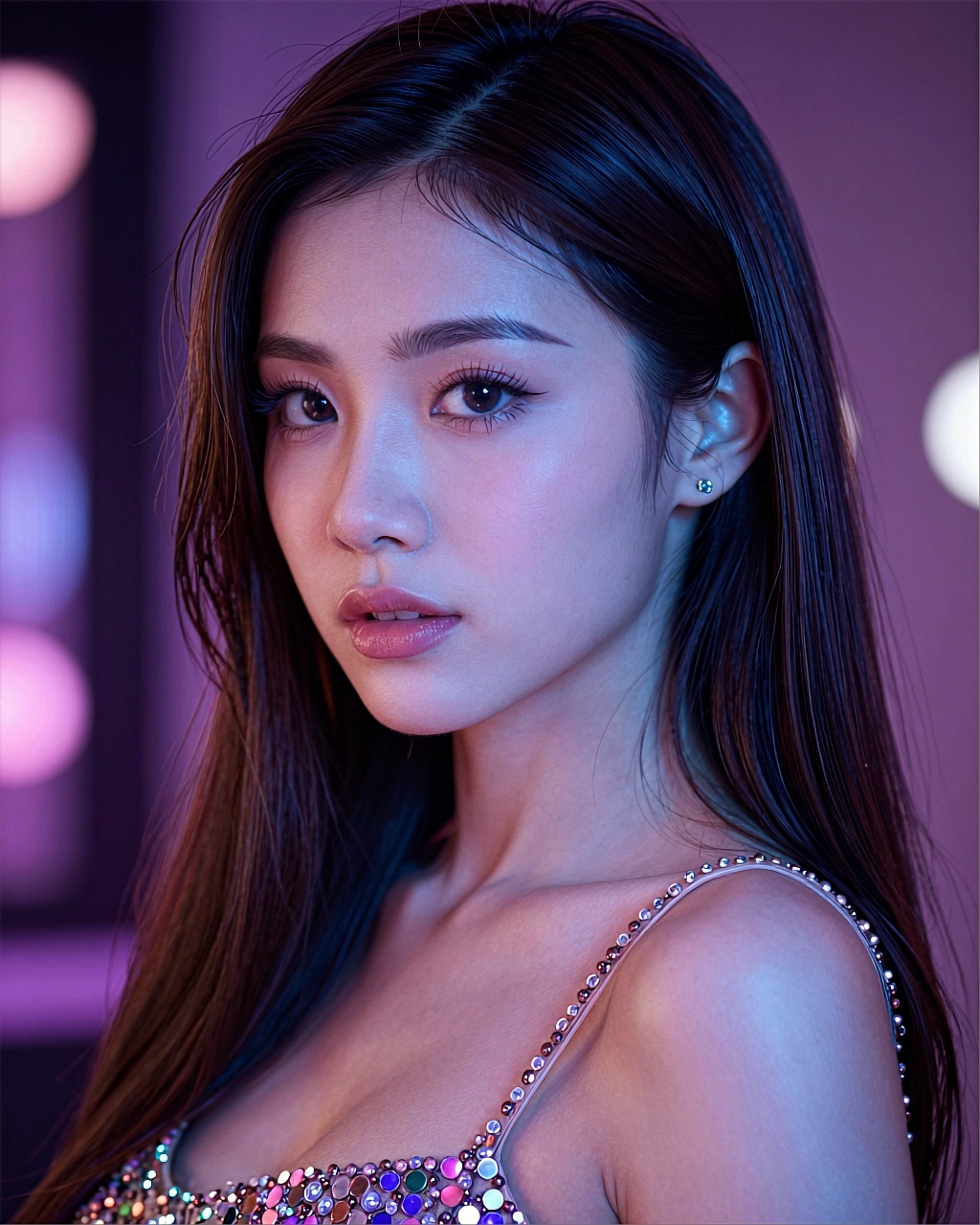 A portrait of a young East Asian woman with long straight dark brown hair that cascades over her shoulders and down her ba...