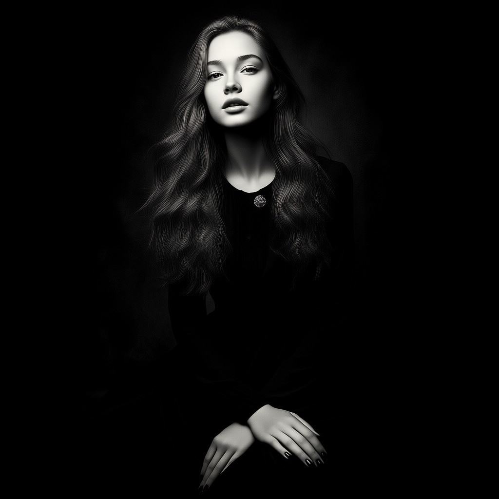 bportrait This is a black-and-white photograph of a young woman with light skin and long,  wavy,  light brown hair that fa...