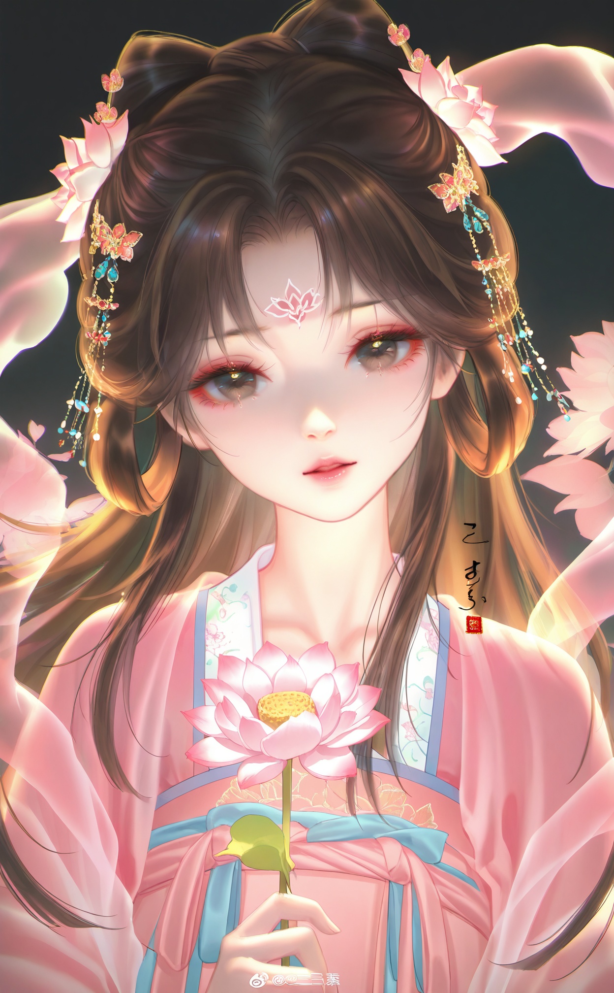 masterpiece,very aware,highres,absurdres,newest,best quality,loli,petite,high quality,chromatic_aberration,chromatic_aberration,cinematic_angle,dutch angle,black_background,//,1girl,forehead_mark,flower,facial_mark,holding_flower,solo,hair_ornament,brown_hair,hagoromo,holding,hair_rings,chinese_clothes,long_hair,upper_body,lotus,shawl,looking_at_viewer,hanfu,pink_flower,parted_lips,//,//,photorealistic,Artist:na-ga,(quasarcake:0.2),(wanke:0.9),[Artist:chen bin],Artist:tidsean,[Artist:sk (askzy)],(artist:tokkyu:0.5),(artist:momoko \(momopoco\):0.5),himitsu_(hi_mi_tsu_2),//,<lora:MAQ326——【noob】hans:0.5>,<lora:sansu——【noob】hans:0.8>,