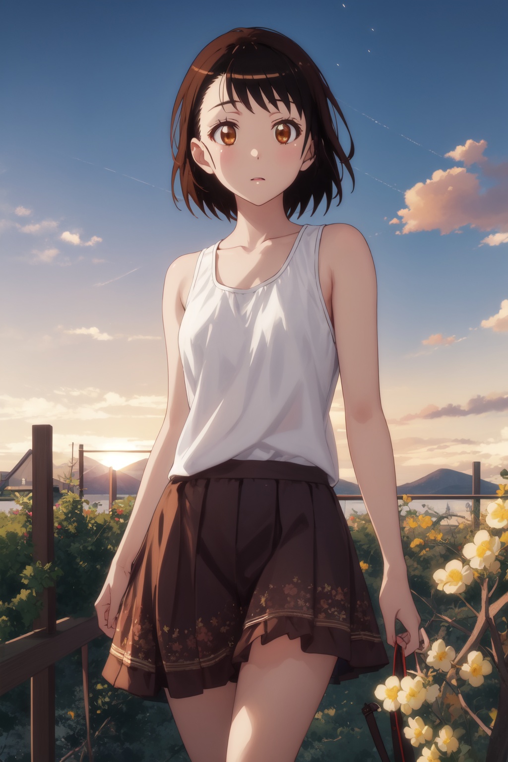 <lora:Kosaki-000013:0.8>,Kosaki CYQL,1girl,looking at viewer,solo,brown hair,short hair,asymmetrical hair,brown eyes,Flowy midi skirt, **** top, sandals,seductive_smile,cowboy_shot,Sunset, Vineyard, Grapes, Sky, Colors, Horizon, Serenity, Harvest,(Meadow flowers, Butterflies, Wildflower carpet, Springtime blooms, English landscape, Meadow breeze:0.5),beautiful detailed sky,beautiful detailed glow,posing in front of a colorful and dynamic background,masterpiece,best quality,beautiful and aesthetic,contrapposto,female focus,wallpaper,