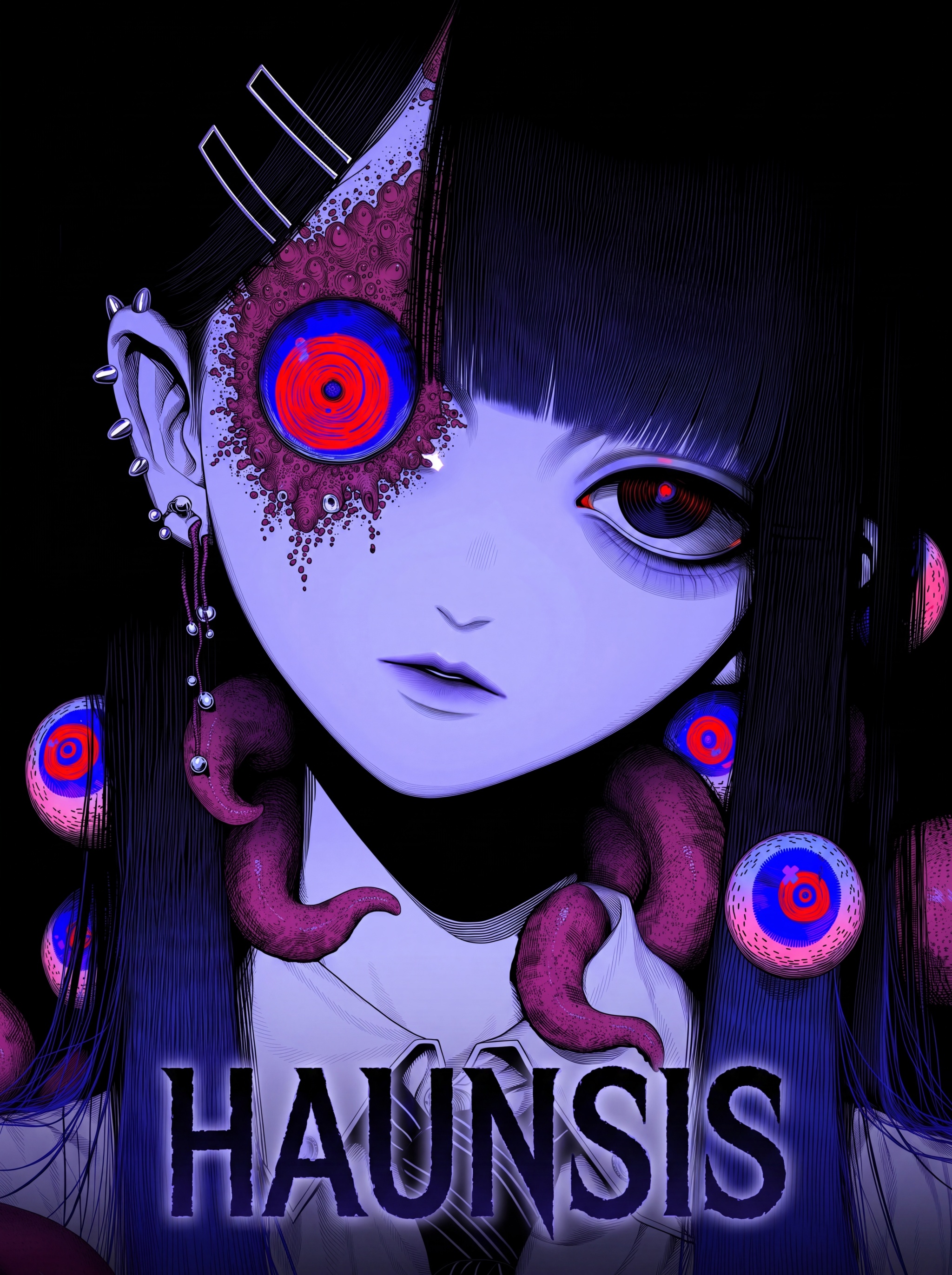 Add the text "HAUNSIS" at the bottom center of the image,  just above the bottom edge. Maintain the original art style,  l...