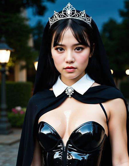 1girl,(asian girl face:1.1),(:.1),(Elegant features,Sophisticated look,France girl face:1.1),(diamond face:1.1),(kawaii girl:1.3),(greek nose:0.1),(sharp eyes:1.3),(Slanted eyes:.3),,(thin eyebrows,light eyebrows,short eyebrows,light makeup,natural look:0.1),(parted lips,(perfect upper teeth,datailed upper teeth:1.1),(worst quality upper teeth:-1.5):1.3),(evil face:0.7),,kingdam,(Evil Queen Grimhilde,large white collar, black coif,black cape),tiara,makeup,cleavage,wearing dress, costume,outdoors,detailed background,dynamic action pose,(cowboy shot:1.1),(dynamic angle),,HDR photography,depth of field, realistic, photorealistic,(avoiding harsh bright,ultra-realistic skin texture:1.3),(moisten skin,dampened skin,glossy skin,glossy skin face,oiled skin,oiled skin face,glistening skin:1.3),(half body view,knee up shot),high quality,highres,8k, <lora:dmd2 4 steps fix:1>,(Vibrant color saturation:0.3),(night,dim lighting:1.1),(thin eyebrows:-0.1),