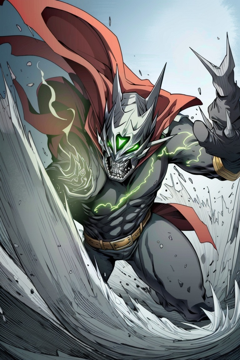 ((HRD, HUD, 8K)),((masterpiece, best quality)), highly detailed,Fight, 1boy, cape, male focus, weapon, holding, claws, glowing eyes, belt, glowing, solo, teeth, superhero, spikes, red cape, bodysuit, mask, green eyes, sharp teeth, monster, <lora:20240514-1715656820714:0.8>