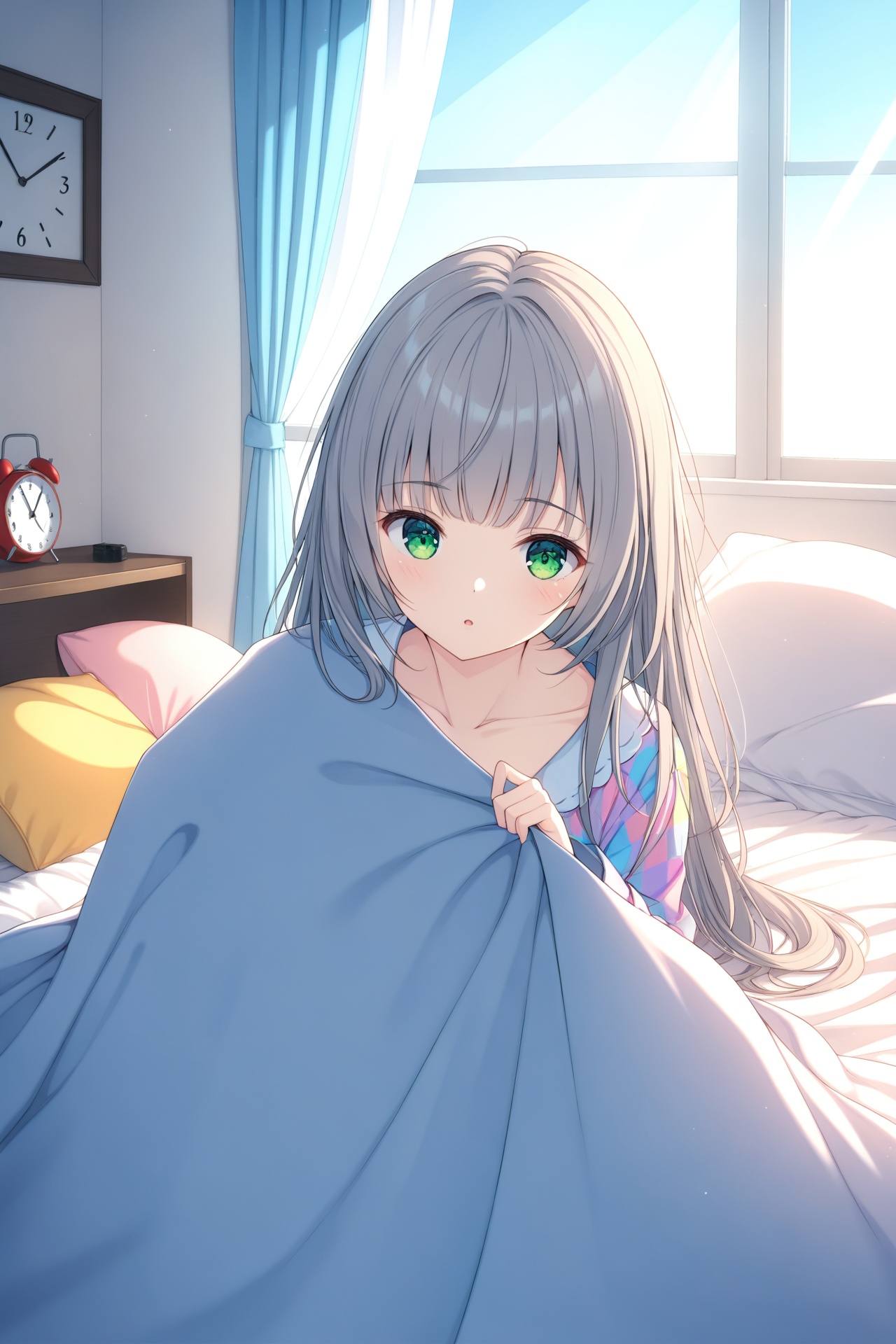 (masterpiece),(best quality),illustration,ultra detailed,hdr,Depth of field,(colorful),loli,1girl,clock,solo,alarm clock,under covers,green eyes,bed,long hair,pillow,indoors,sunlight,curtains,pajamas,grey hair,blanket,window,collarbone,bangs,