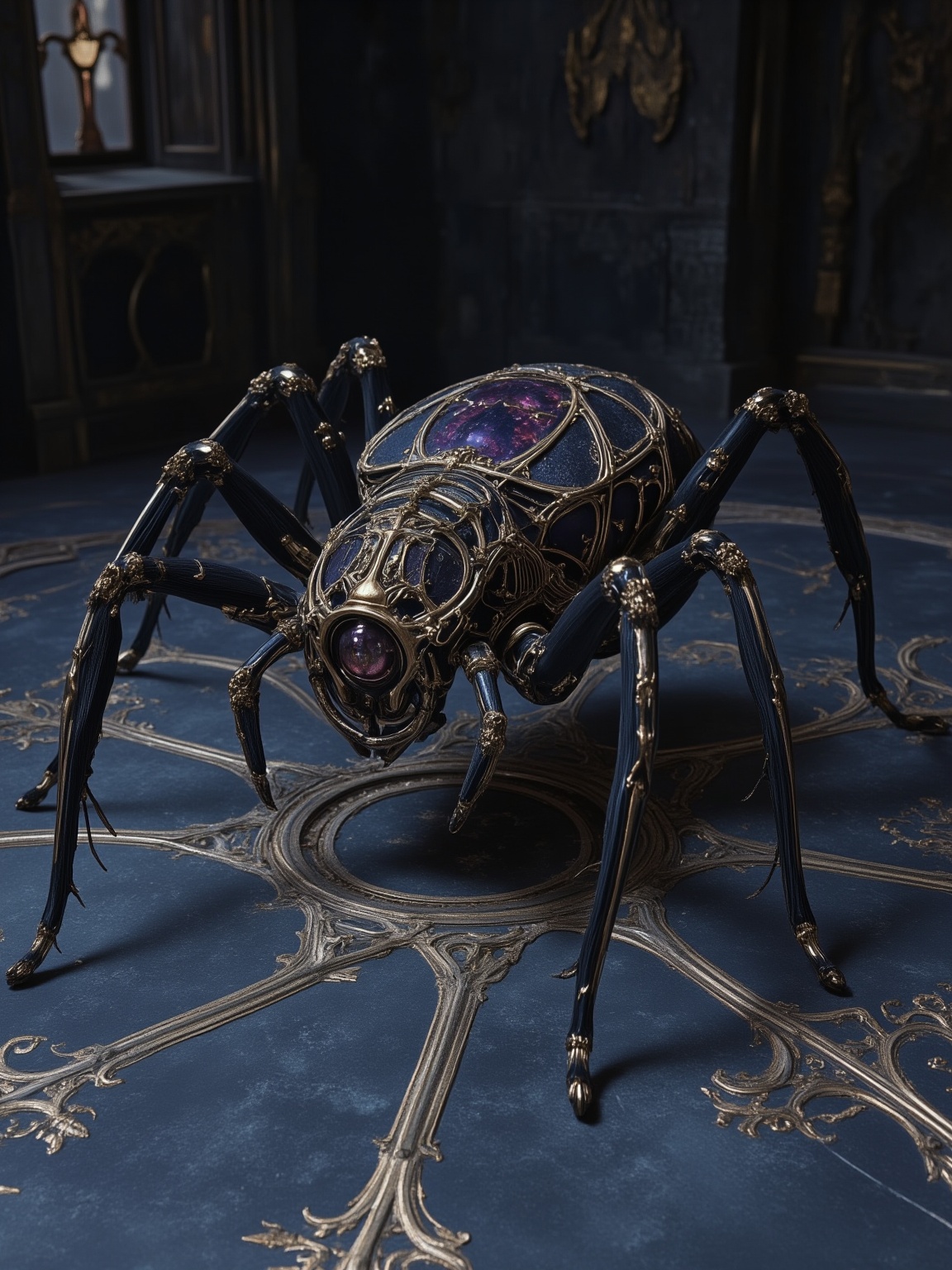 <lora:暗紫012:0.7>,a spider with a gothic mechanical structure,on the floor of the gothic castle,