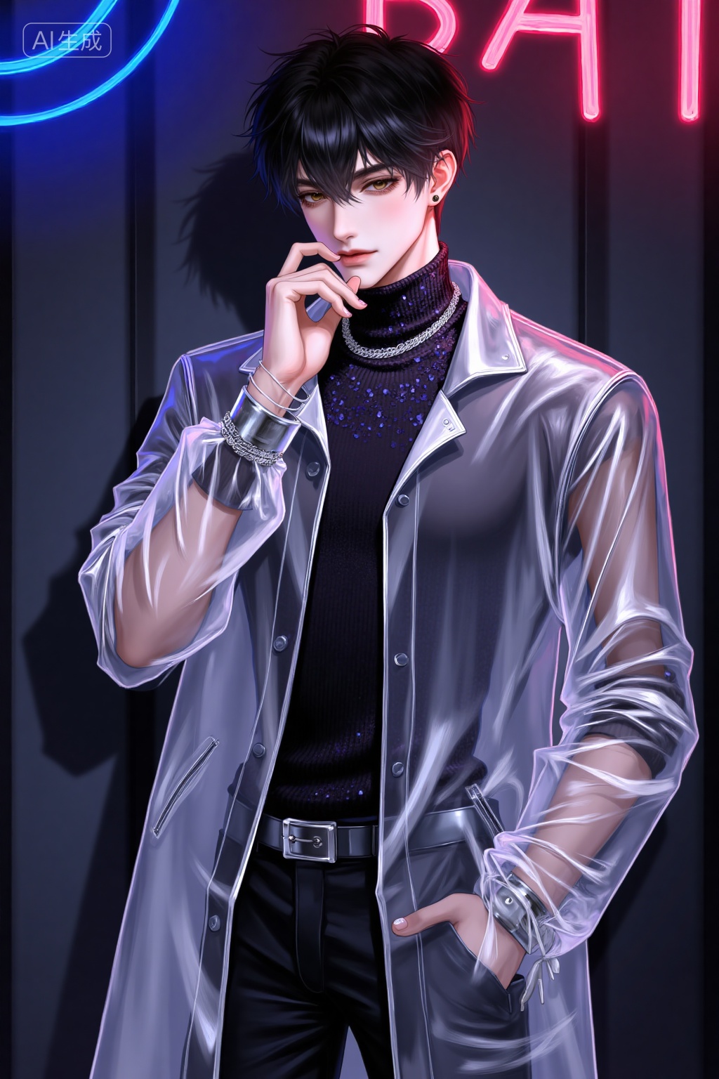 Realistic anime drawing of handsome young man,,  in a transparent vinyl coat over a sequined turtleneck poses under colored gel lights in a dark room., Negative prompt: ng_deepnegative_v1_75t,(badhandv4:1.2),EasyNegative,(worst quality:2),,nsfw, Steps: 30, Sampler: Euler, CFG scale: 3.5, Seed: 2253121992, Size: 1024x1536, Model hash: 8cba4f1ef4, Model: F.1基础算法模型-哩布在线可运行_F.1-dev-fp8.safetensors, Denoising strength: 0, RNG: CPU, Lora 1: 20251118, Lora Hash 1: d7ed8b5205, Lora Weight 1: 1.0, vae_name: automatic