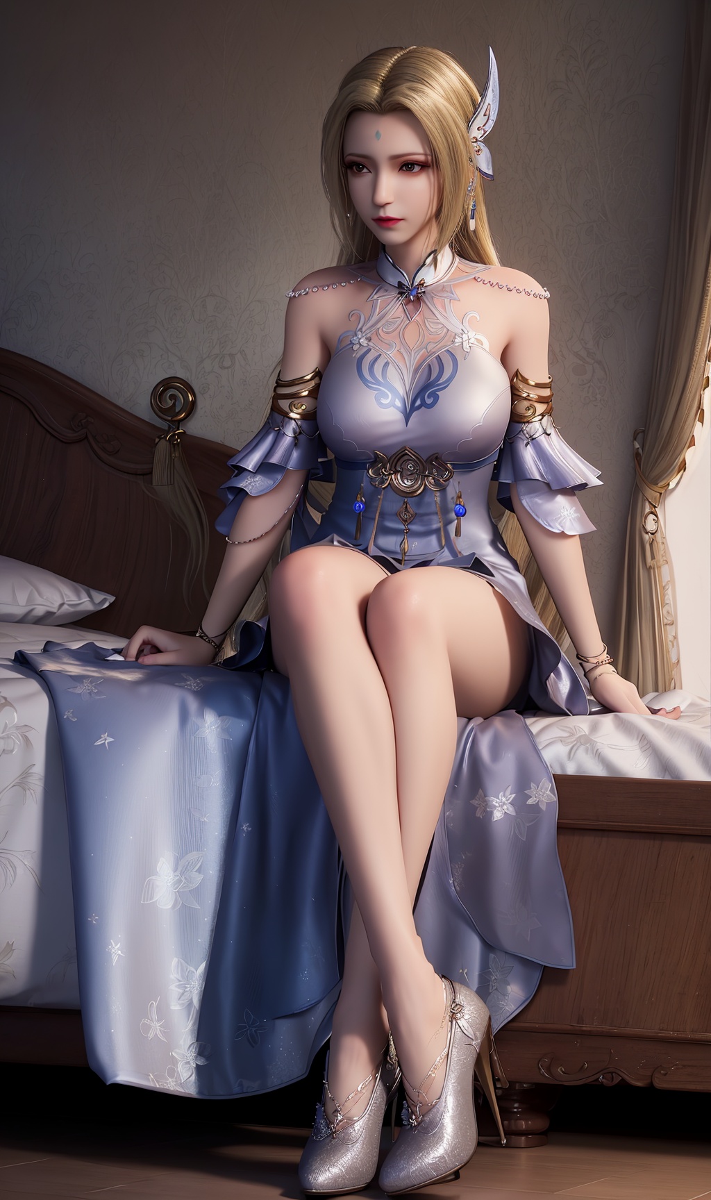 masterpiece,(best quality),3d,(makeup),official art, extremely detailed cg 8k wallpaper,((crystalstexture skin)), (extremely delicate and beautiful),highly detailed,1girl,solo,long hair,headwear,(sitting),(blonde_hair),((dress,skirt)),(chinese_clothes),((full_body,whole_body)),(high_heels), (breasts),((hair_ornament)),(sunshine, indoor,(bed)),((looking_at_viewer)),((Facing the camera)),(closed_mouth),, <lora:hipoly3DModelLora_v10:0.3> 