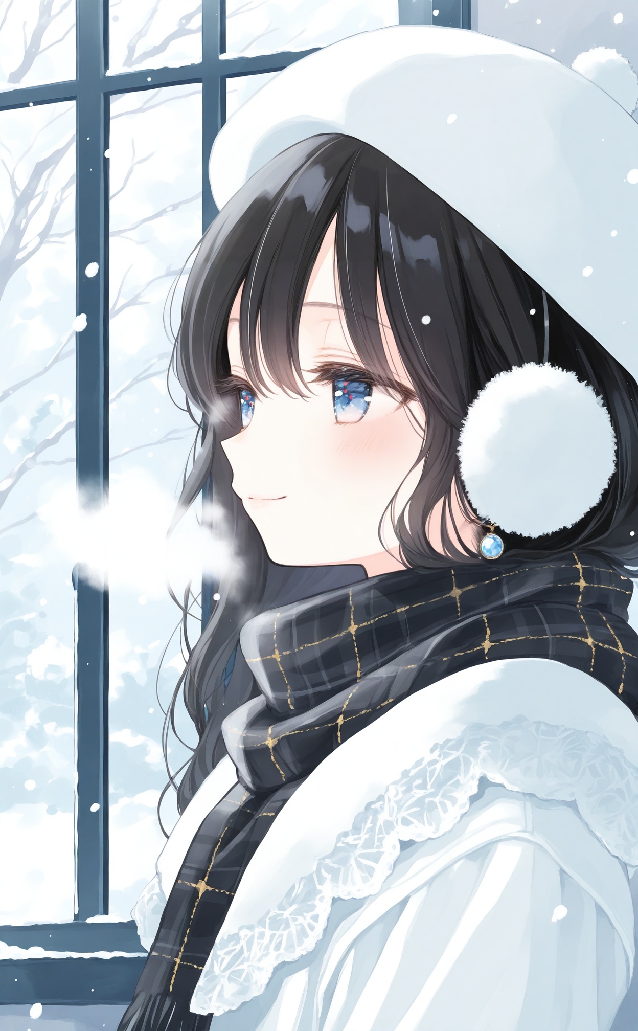 masterpiece,absurdres,best quality,loli,petite,high quality,//,1girl,scarf,solo,black_hair,window,white_headwear,plaid_scarf,long_hair,black_scarf,hat,blush,smile,earmuffs,closed_mouth,plaid,upper_body,breath,snowing,winter,enpera,snow,beret,jewelry,winter_clothes,blue_eyes,from_side,hair_between_eyes,light_smile,fur_trim,earrings,fur_scarf,indoors,white_shirt,portrait,lace_trim,white_scarf,looking_ahead,shirt,day,//,<lora:chun_paretto2——【noob】hans:1>,
