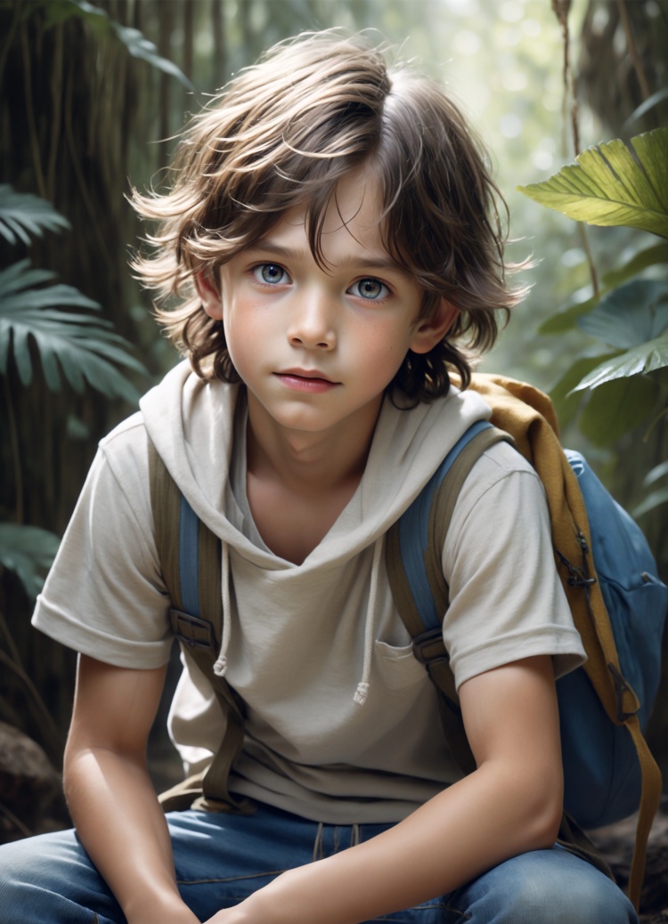 In a realistic style, depict a young boy with a sense of wonder and adventure. With tousled hair and bright eyes, he exudes a playful energy. The boy is dressed in casual attire, ready for exploration and discovery. Whether he's wearing a t-shirt and shorts or a hoodie and jeans, his clothing reflects his adventurous spirit. Against a simple background, the focus remains on the boy and his vibrant personality. This realistic portrayal captures the essence of childhood curiosity and invites viewers to imagine the exciting journeys that lie ahead for this young adventurer.