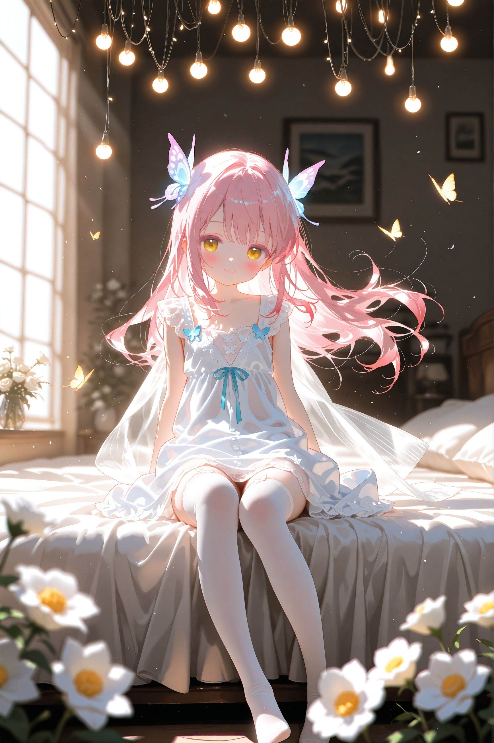 masterpiece,best quality,high quality,loli,chromatic_aberration,//1girl,solo,long hair,looking at viewer,smile,bangs,pink hair,yellow eyes,hair ornament,thighhighs,dress,sitting,closed mouth,collarbone,full body,flower,indoors,white dress,see-through,white flower,butterfly,waves hair,white lace sheer stockings with white butterfly accessories. white roses around the bed.string lights and flowers background.,bioluminescence,long eyelashes,colored eyelashes,fantasy,glowing,floating hair,see-through clothes,lace,Dynamic hair,little kid,female child,kawaii,loli,under age,age down,petite,//,year_2023,year_2024,year_2025,official art,depth of field,detailed light,blurry background,cinematic lighting,ray tracing,amazing quality,very aesthetic,absurdres,beast quality,ultra detailed,god rays,backlighting,photo background,film grain,chromatic aberration,volumetric lighting,depth of field,blurry background,shiny skin,cinematic lighting,day,very aesthetic,