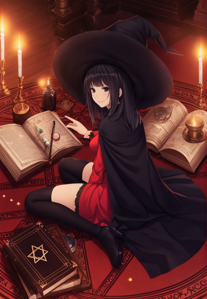 (best quality), ((masterpiece)), (highres), illustration, original, extremely detailed,   <lora:黑暗物语葬の花:0.7>1girl, book, solo, candle, magic circle, hat, thighhighs, witch hat, black thighhighs, cape, wariza, sitting, black hair, hexagram, open book, looking at viewer, smile, grimoire, dress, witch, pentagram, black eyes, red dress, looking back