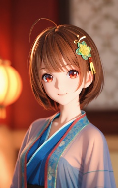 (masterpiece),(best quality),illustration,ultra detailed,hdr,Depth of field,(colorful),(chromatic aberration),artist mmd,1girl,solo,red eyes,looking at viewer,hair ornament,short hair,upper body,brown hair,blurry,ahoge,bangs,chinese clothes,see-through,depth of field,hanfu,smile,floral print,closed mouth,