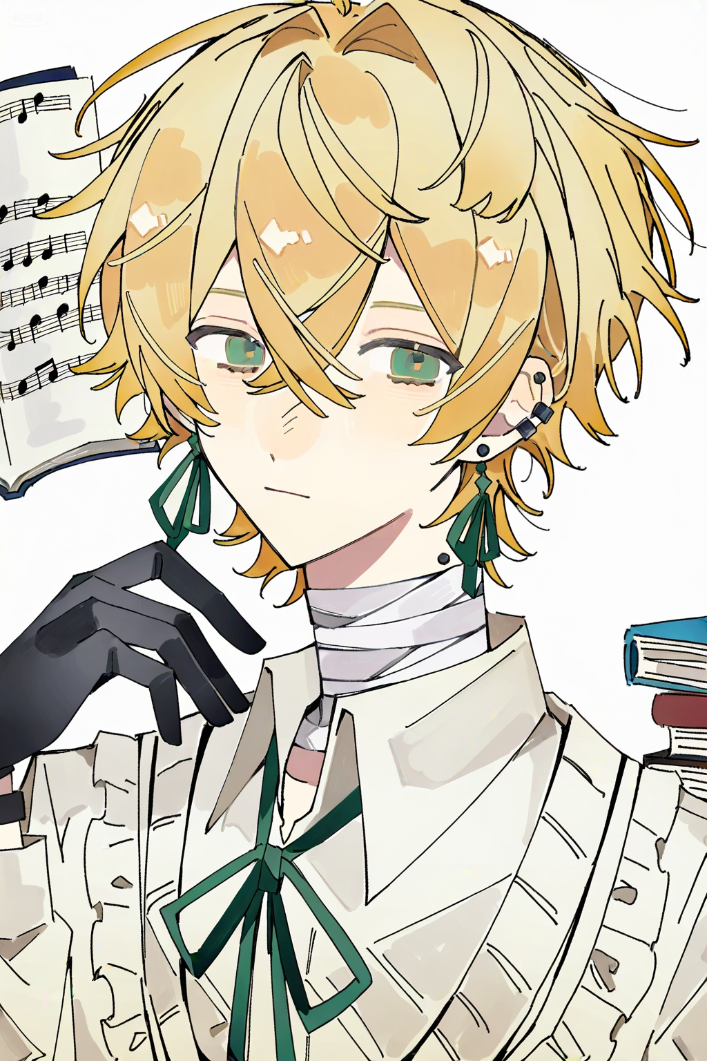 solo, , short hair, , blonde hair, , simple background, , shirt, , gloves, , long sleeves, , 1boy, , white background, , ribbon, , hair between eyes, , jewelry, , closed mouth, , green eyes, , white shirt, , male focus, , earrings, , black gloves, , book, , neck ribbon, , bandages, , piercing, , ear piercing, , paper, , open book, , green ribbon, , reading, , bishounen, , book stack, , piano, , sheet music, , bandaged neck, , , Negative prompt: ng_deepnegative_v1_75t,badhandv4,EasyNegative,worst quality,username,out of focus,bad proportions,watermark,cropped,signature,worstquality,grayscale,logo,text,blurry,low quality,bad anatomy,sketches,lowres,normal quality,monochrome,,nsfw, Steps: 29, Sampler: Euler a, CFG scale: 7.0, Seed: 3268688958, Size: 1024x1536, Model hash: e645ee1569, Model: Anime Model-Illustrious_v1.00.safetensors, Denoising strength: 0.0, RNG: CPU, Lora 1: 【ELK】Fire‘, Lora Hash 1: 4f3a21e23f, Lora Weight 1: 0.8, vae_name: automatic