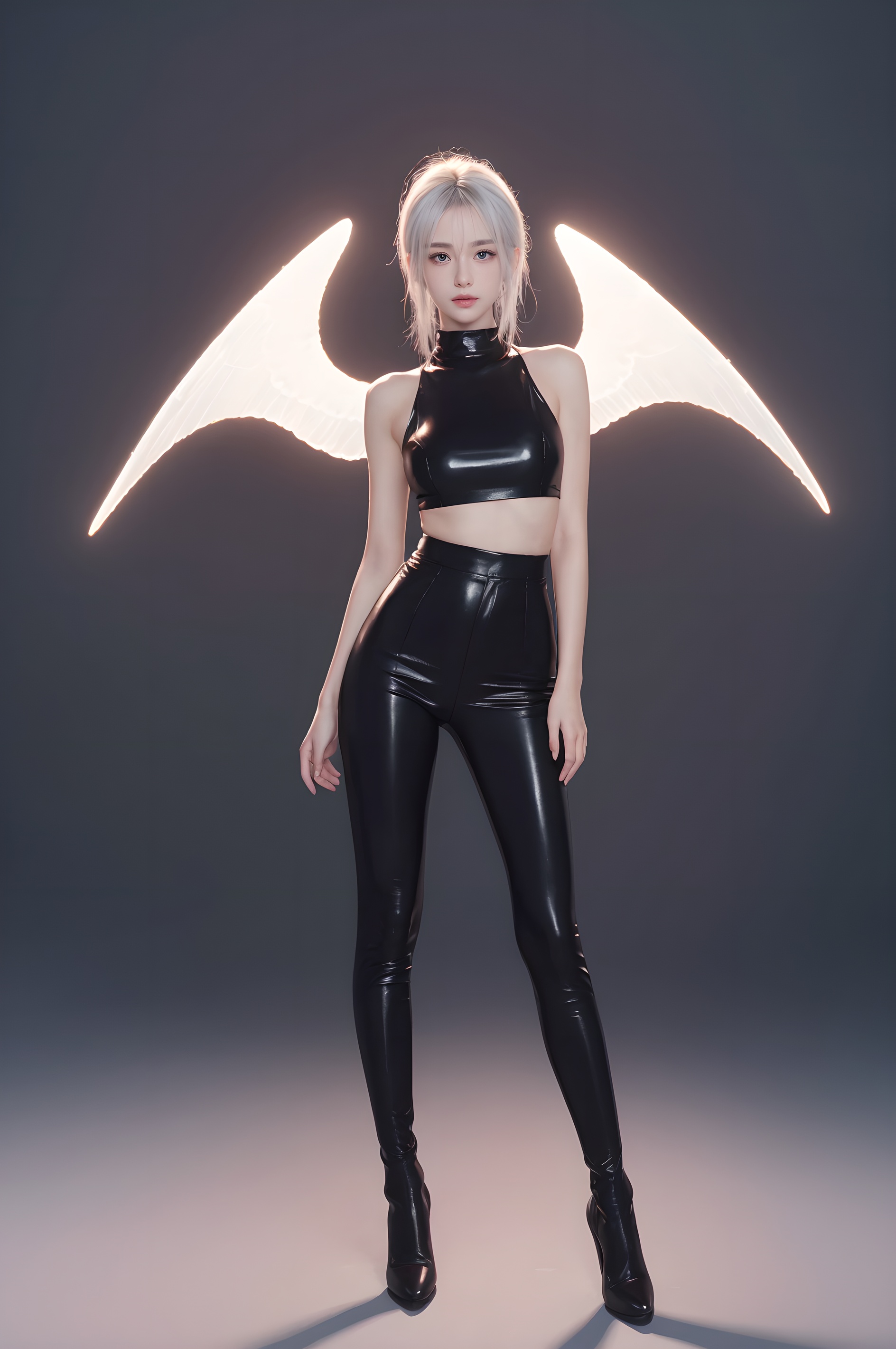 masterpiece,high quality,best quality),(colorful),(delicate eyes and face),volumatic light,ray tracing,extremely detailed CG unity 8k wallpaper,(ahoge:1.3),best quality,official art,(((light from the sky))),floating hair,light shines on hair,whultra-detailed,(((extremely detailed cg 8k wallpaper))),(crystalstexture skin:1.4),(extremely delicate and beautiful),(white skin),looking_at_viewer,kinghere fensejiaren,,realistic,anime artwork pixar,3d style,toon,masterpiece,best quality,good shine,OC rendering,best quality,4K,super detail,1girl,((full body)),looking at viewer,standing,shiny_skin,fair_skin,Celine leather trousers with a high waist and tapered leg,light oyster white hair,gyaru,absolute_territory,tight,spandex,shoes,kneehighs,glamor,dormitory,light grey background,clean background,straight_hair,hime cut, . anime style, key visual, vibrant, studio anime, highly detailed