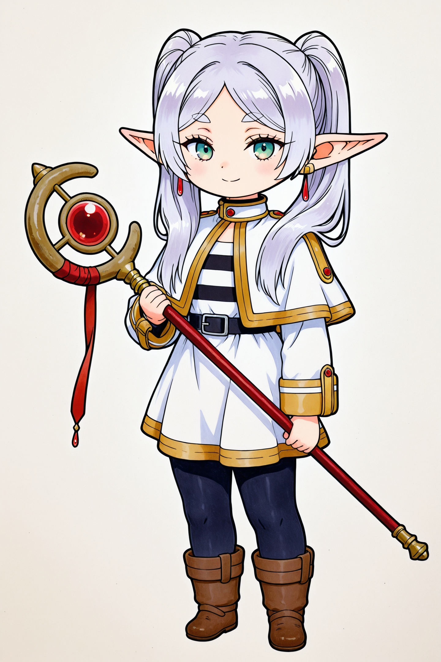 Juu Kuroinu Style,1girl,frieren,solo,pointy ears,elf,twintails,jewelry,earrings,capelet,white background,long hair,looking at viewer,staff,simple background,smile,parted bangs,long sleeves,holding staff,holding,closed mouth,dangle earrings,skirt,shirt,traditional media,full body,chibi,<lora:black dog chibi_illustriousXL:1.5>,