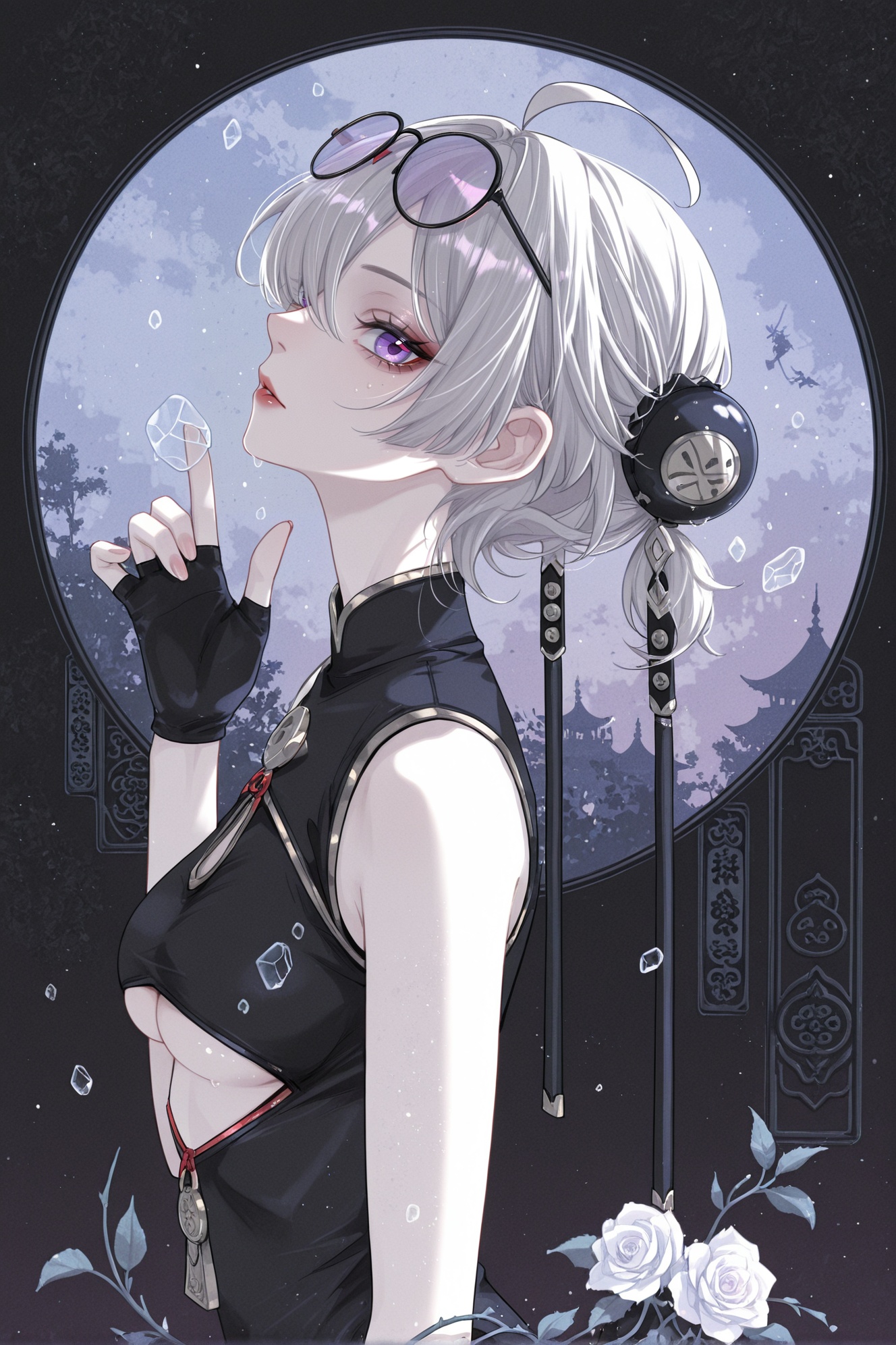 8k,best quality,masterpiece,(ultra-detailed),(high detailed skin),<lora:hanf-ill-Tanger:0.8>,artist: hanf,Fantasy Style,Grunge,masterpiece,high_quality,highres,woman,portrait,monochromatic color,black,ethereal woman in soft light,shadow crawling behind her expression,neutral,looking at viewer,dream or illusion,palette porcelain skin,pale rose,deep black,style surreal,cinematic,angle half-lit portrait,profile,circle,silhouette,glass fragments,<lora:hongdou-ill-Tanger-000014:0.8>,underboob,Sweety \(Zenless Zone Zero\),clothes: Sweety def black china dress,1girl,black single fingerless glove,eyewear on head,hair over one eye,purple eyes,breasts,black dress,ahoge,chinese clothes,<lora:Sketchy_Pinup_Style_Illu_Edition:0.8>,SP-Illu,