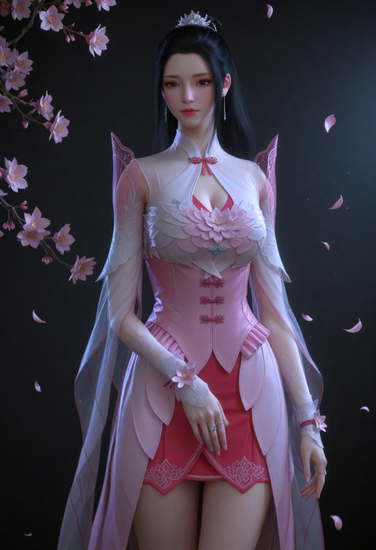 (cowboy shot:1.2),(gigantic breasts:0.6),(slender:1.3),(looking_at_viewer:1.1),(masterpiece:1.1),(best quality:1.2),(intricate details),dim lighting,(smog:1.3),(Dark room:1.3),(dim lighting:1.3),peach blossom,falling petals,<lora:YQ_li光辉v5_薰儿粉衣_V1:0.8>,1girl,q1528437228,solo,black_hair,long_hair,dress,hair_ornament,pink_dress,ponytail,jewelry,hair_bun,earrings,see-through_sleeves,see-through,single_hair_bun,long_sleeves,skirt,brown_eyes,corset,flower,ring,white_dress,realistic,thighhighs,cleavage_cutout,masterpiece,(best quality),(intricate details:0.9) BREAK masterpiece,(best quality),(intricate details:0.9),(realistic skin:1.2),