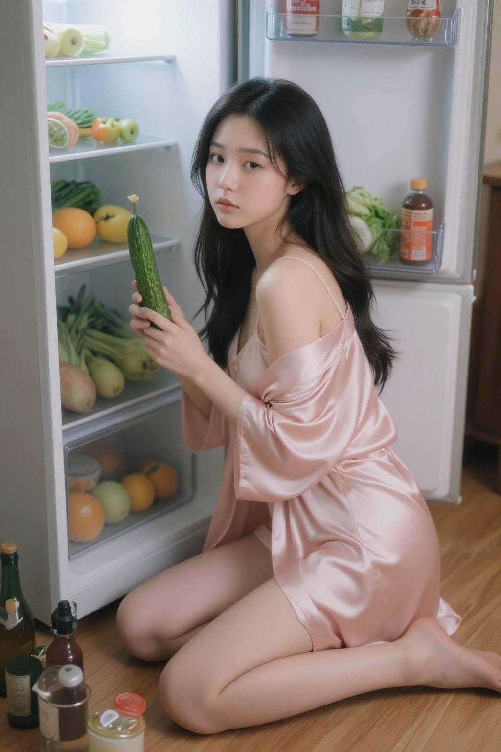 A young Asian woman,  appearing to be in her early twenties,  kneels on the floor in front of an open refrigerator. She ho...
