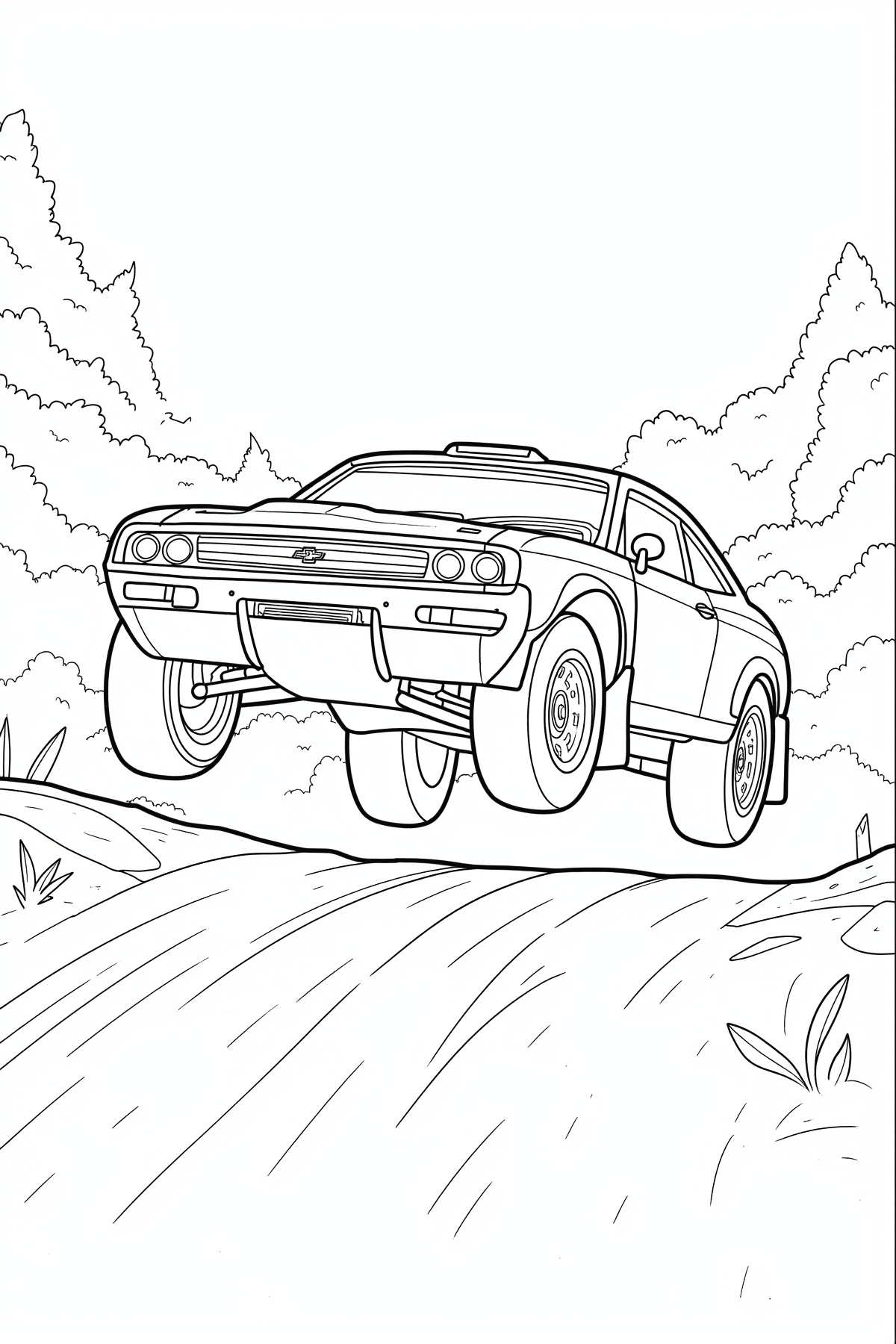 Dynamic coloring book page of a rally car airborne over a dirt jump in a forested area,  intricate wheel and body details,...
