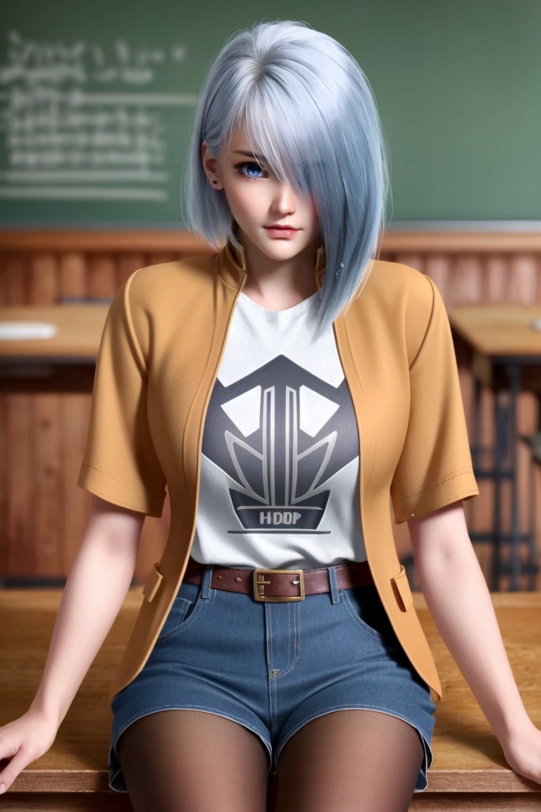 ((HRD, HUD, 8K)),((masterpiece, best quality)), highly detailed, soft light,1girl, solo, short hair, bangs, blue hair, white hair, hair over one eye, blue eyes, lips, (t-shirt:1.2), (blazer:1.2), denim shorts, black pantyhose, blurry background, classroom, chalkboard, sitting, cowboy shot, looking at viewer, <lora:20240425-1714007036601:0.7>