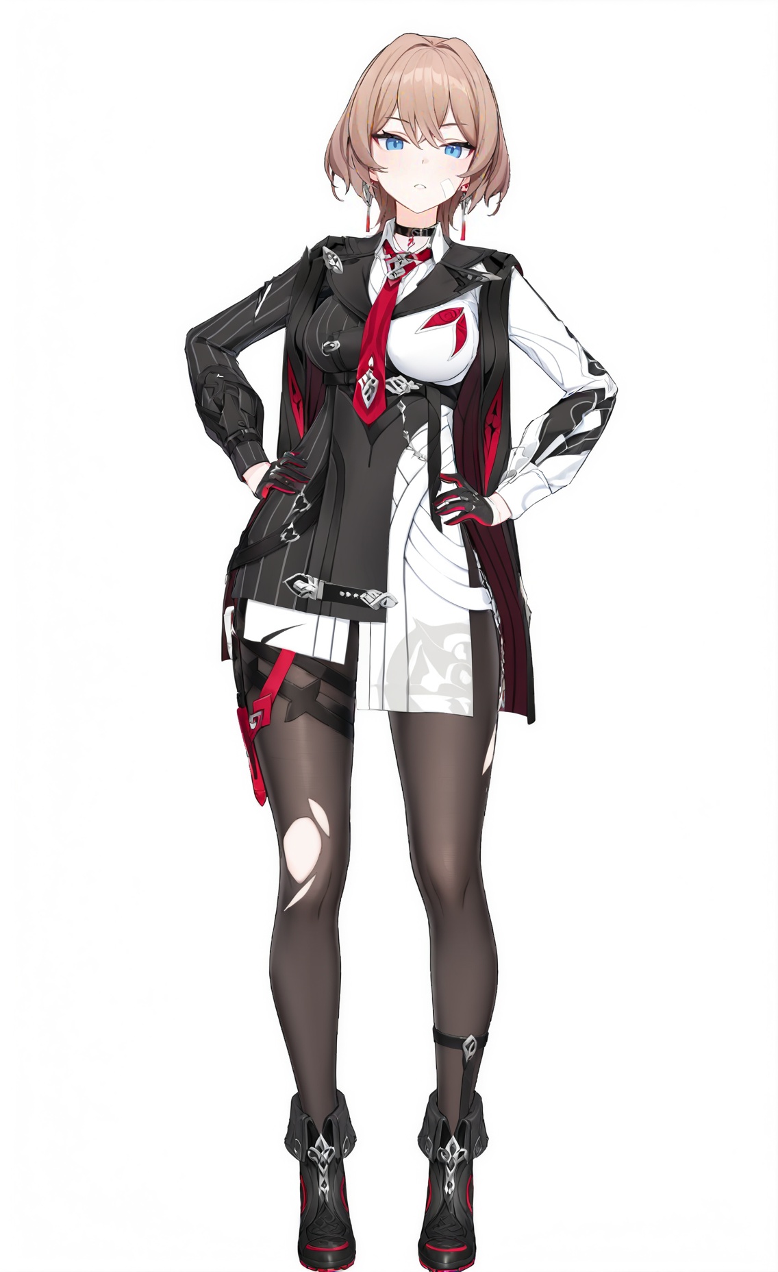 score_9, score_8_up, score_7_up, score_6_up, 8k, 8k, best quality, masterpiece, (ultra-detailed), (high detailed skin), white background, simple background, (full body), (white background), standing, looking at viewer, (solo), hand on hip, <lora:Lantern-A3-Tanger:0.8>, dengsfl, def clothes, brown hair, 1girl, blue eyes, red necktie,  gloves, pantyhose, black footwear, 