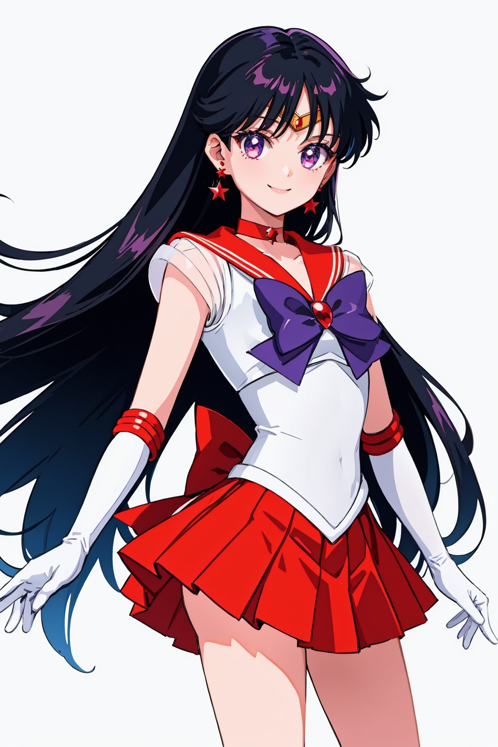 masterpiece,best quality, highly detailed, sailor mars,1girl,sailor senshi uniform,solo,red sailor collar,red skirt,star (symbol),white gloves,star earrings,pleated skirt,magical girl,elbow gloves,looking at viewer,tiara,smile<lora:sailor_mars:1>,simple background,white background