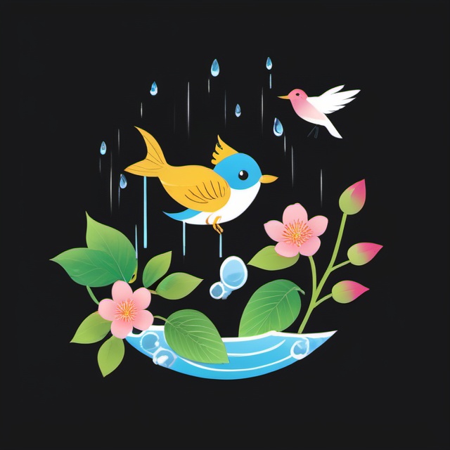 the 24 traditional chinese solar terms\(rain water\), flat, black background, simple background, flower, no humans, bird, animal, leaf, pink flower, fish, branch, animal focus,<lora:lbc_Rain Water_XL-ts:0.6>,