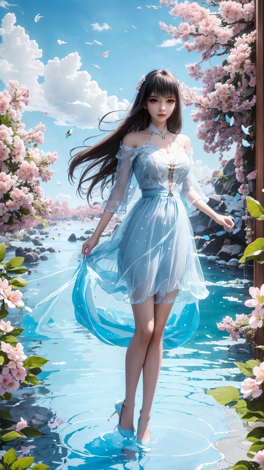 a girl,<lora:hmai_20240411014304:0.8>,above the knee,appear on camera,blue sky,full body,grand scene,light blue dress and translucency,