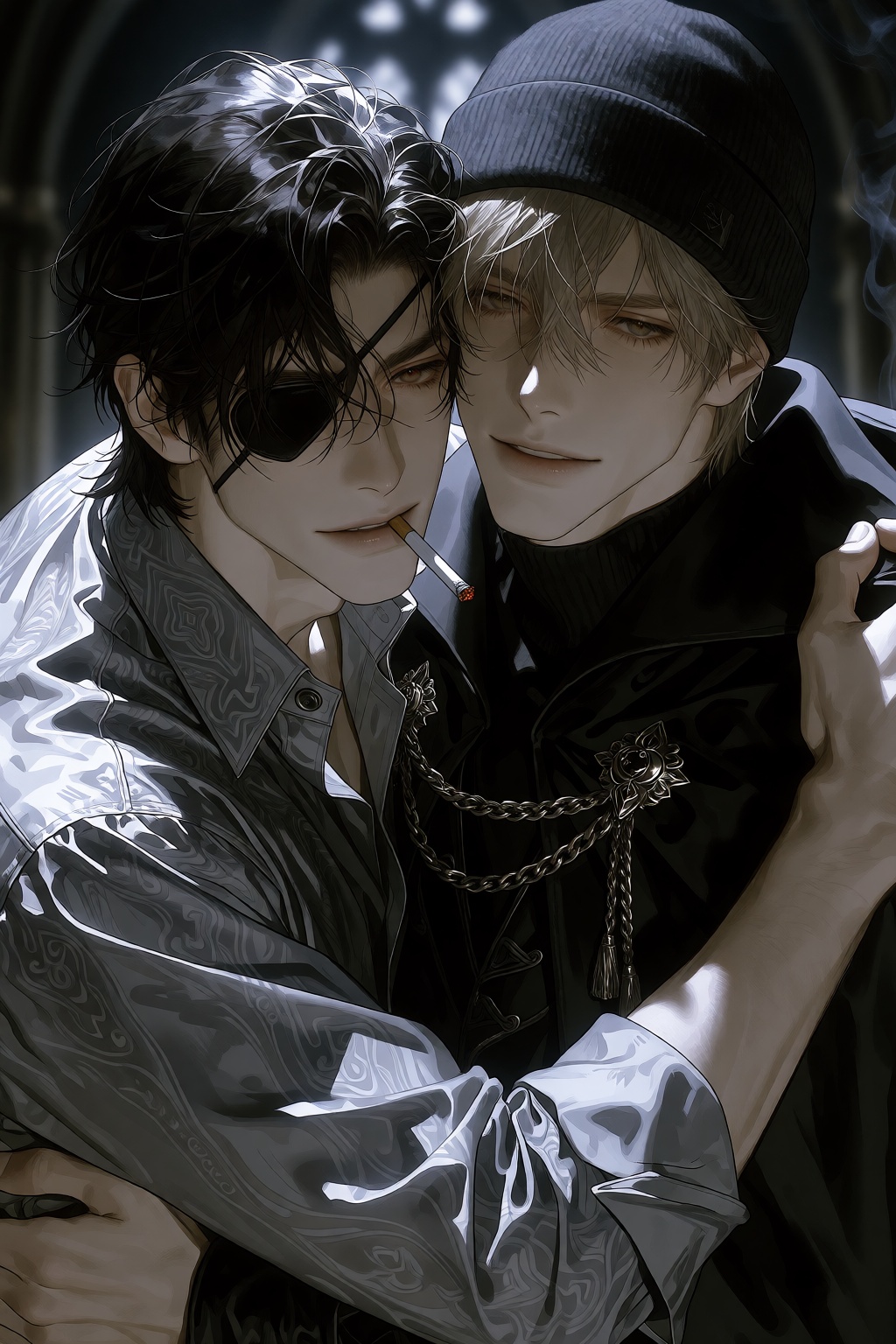 An eye-level close-up shot with a cold,  muted grey and blue tone depicting two men embracing closely,  both displaying su...
