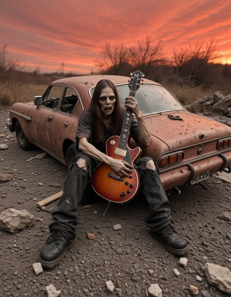 Photo in the style of the walking dead, post-apocalypse, decomposed zombie playing the guitar, rock and roll, against the backdrop of a rusty car body, red sky, sunset., Photo realistic, hyper detail, hyper realistic