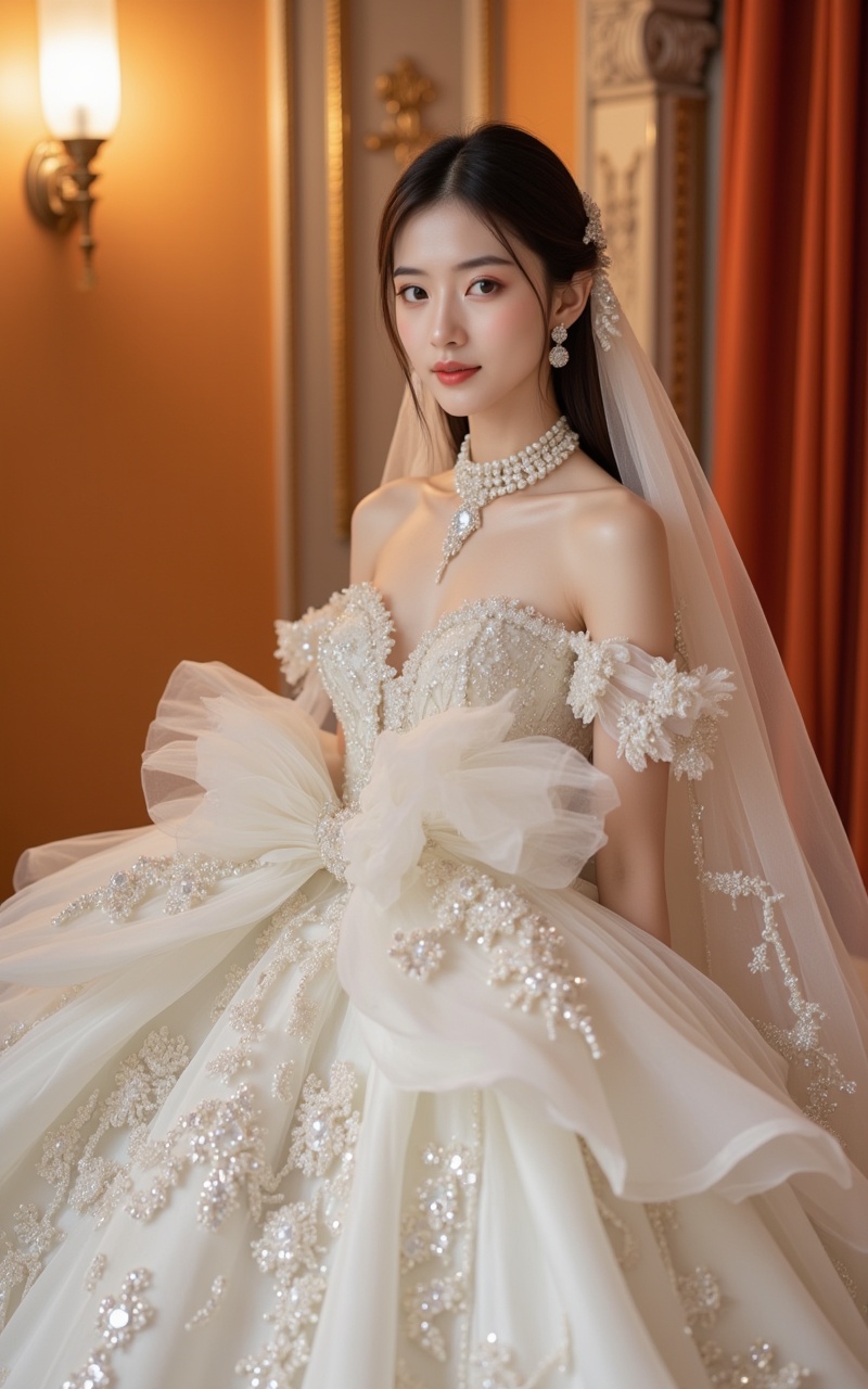 <lora:婚纱9.1:0.8>,hunsha,a woman is dressed in a white strapless gown adorned with a beaded necklace and earrings. Her hair is styled in a sleek bob,adding a touch of beauty to the scene. Her dress is adorned with white beads and sequins,creating a stunning contrast to her white gown. The backdrop is a vibrant orange wall,with a light fixture on the left side of the frame,<lora:时尚滤镜10:0.5>,Close-up details,outstanding style,adding a touch of dimension to your images without compromising details,whirls of vapour,iridescent textures,(Anime:1.1),ethereal ambiance,delicate details,magical high-concept,32K UHD,sharp focus,best-quality,masterpiece,golden hour,unconventional supreme masterpiece,masterful details,temperate atmosphere,with a high-end texture,in the style of fashion photography,photography,cover,Dynamic Angle,Dynamic posture,(artist:quasarcake:0.8),extreme aesthetic,(wlop:0.6),(honjou raita,lack,rella:0.5, wanke),masterpiece,best quality,good quality,news,very aesthetic,absurdres,Visual impact,A shot with tension,ultra-high resolution,32K UHD,sharp focus,best-quality,masterpiece,Emotionalization,unconventional supreme masterpiece,masterful details,temperate atmosphere,with a high-end texture,in the style of fashion photography,(Visual impact:1.2),giving the poster a dynamic and visually striking appearance,impactful picture,offcial art,colorful,splash of color,movie perspective,masterpiece,best quality,amazing quality,very aesthetic,absurdres,best quality,newest,
