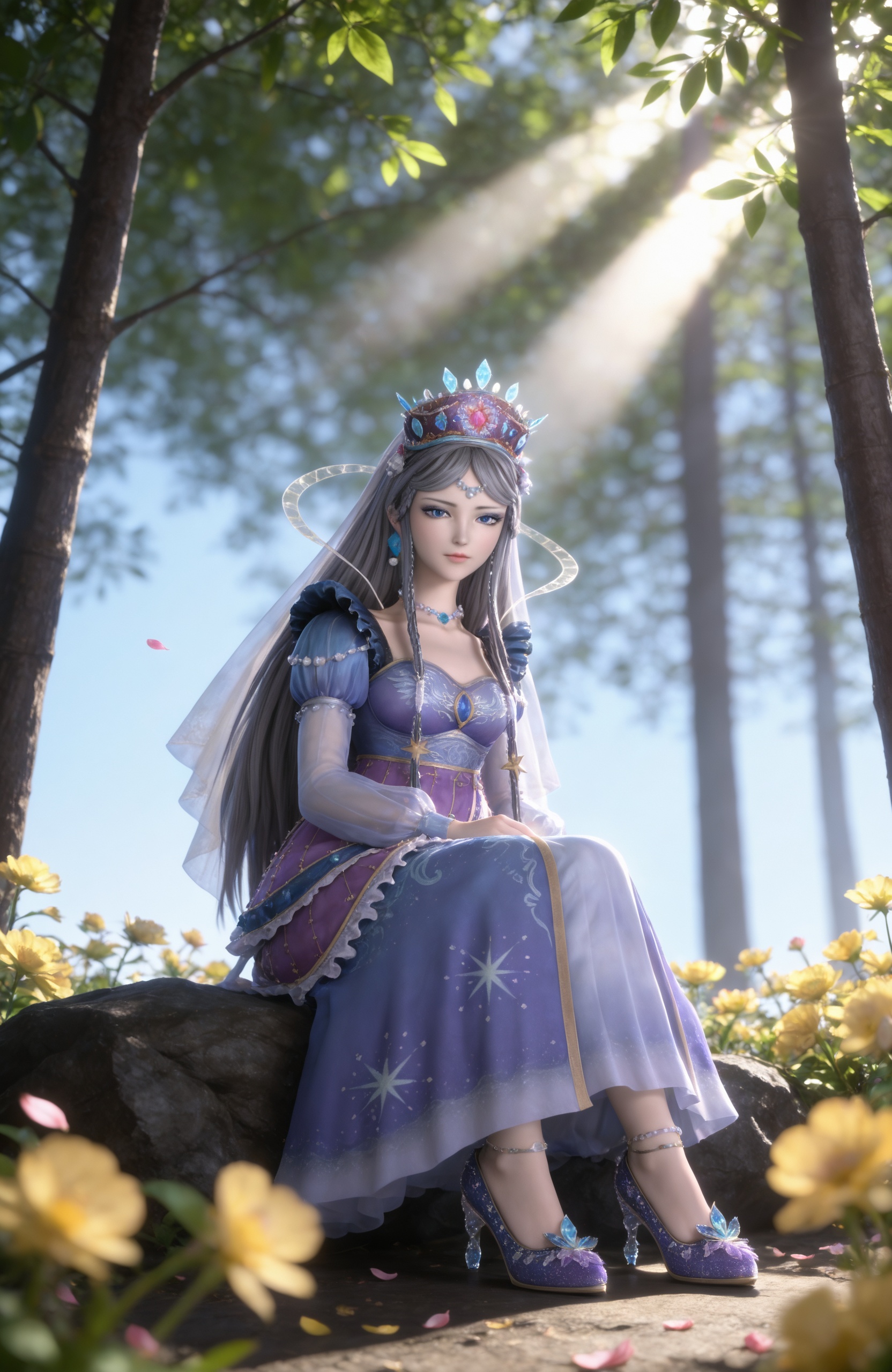 <lora:叶罗丽魔法-时希Pony:0.8> 1girl, long hair, jewelry, grey hair, big eyes,eyelashes,makeup,necklace, blue dress, see-through, long sleeves, puffy sleeves, blue eyes, see-through sleeves, purple dress, braid, veil,high heels,blue footwear,shoes focus,foot focus,, masterpiece,best quality,amazing quality,very aesthetic,high resolution,ultra-detailed,absurdres,scenery,photorealistic,looking at viewer,moody lighting,peach blossom,falling petals,realistic,photorealistic details,, 1girl, flower, sitting, solo, blurry, yellow flower, blurry background, outdoors, sunlight, looking at viewer, nature, depth of field, arms at sides, leaf, tree, light rays, plant, feet out of frame, day,