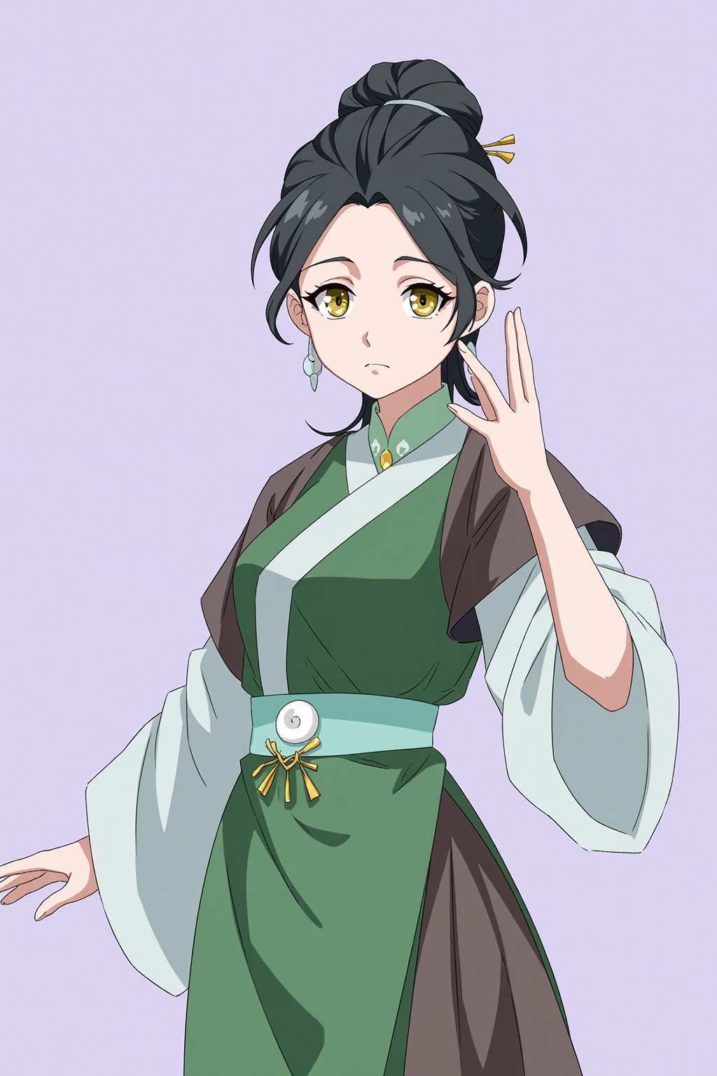 HEZI,Character Design,animation art,quadratic,bright colors,1girl,solo,black hair,chinese clothes,hanfu,sash,simple background,hair ornament,grey background,full body,earrings,long sleeves,layered sleeves,jewelry,standing,shawl,green dress,hair stick,short over long sleeves,wide sleeves,dress,green eyes,closed mouth,hair bun,hand up,single hair bun,looking at viewer,short sleeves,yellow eyes,bangs,parted bangs,robe,expressionless,purple background,hairpin,updo,