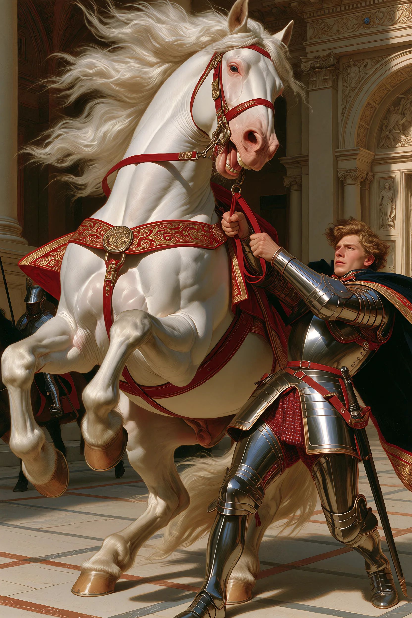 sacredmenag,  enormous white war horse rearing violently in a palace courtyard,  mouth open around a metal bit on Tensor.Art