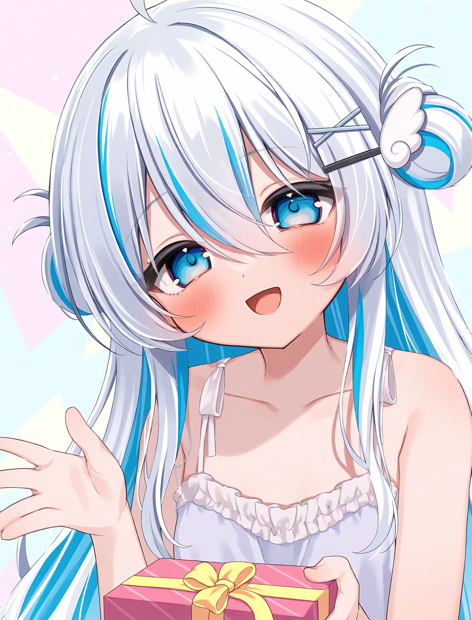 masterpiece,absurdres,best quality,loli,petite,high quality,chromatic_aberration,//,1girl,virtual_youtuber,blue_eyes,wing_hair_ornament,blue_hair,multicolored_hair,hair_ornament,solo,gift,white_hair,hairclip,long_hair,smile,looking_at_viewer,blush,gift_box,camisole,hair_bun,ahoge,open_mouth,box,hair_between_eyes,upper_body,streaked_hair,//,<lora:nuhutya——【noob】hans:0.9>,
