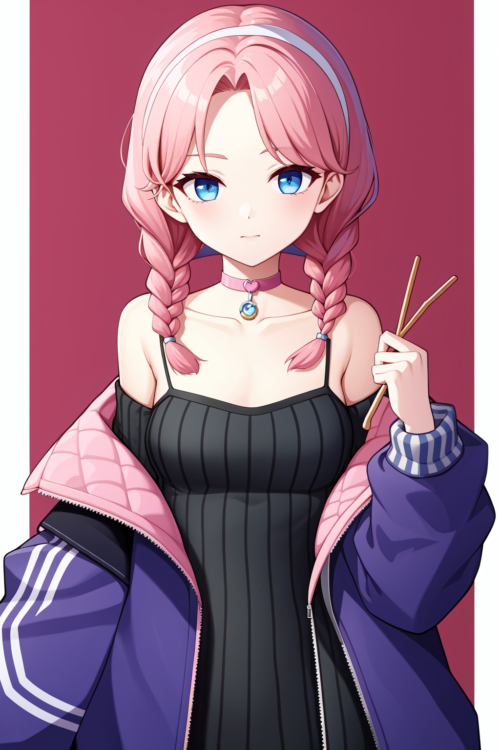<lora:蓝毒:1>,a girl named arklandu,arklandu,1girl,long sleeves,open jacket,twin braids,official alternate costume,off shoulder,pink choker,spaghetti strap,, (masterpiece,best quality,high quality:1.4),absurdres,