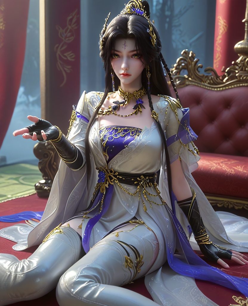 (oriental architecture, elegant decor, sophisticated style:1.1),(Sitting upright on a leather armchair, legs wide open, fingers delicately exploring the folds of her own body, she radiates an all-consuming passion that sets the very room alight with its intensity:1.1),(Bird’s-eye view:1.1),(large breasts:1.2),<lora:XL16云深不知梦羲和缉魔司:0.95>,missxihe,white dress with tulle skirt,brown eyes,forehead mark,black hair,very long hair,half-up braid with long cascading hair,hair ornament,jewelry,earrings,black fingerless gloves,white thigh boots,wide flowing sleeves,blue violet bandeau,sash,, score_9,score_8_up,score_7_up,score_6_up,score_5_up,score_4_up,3d rendering,tag1,tag2, Cinematic Lighting,backlighting,