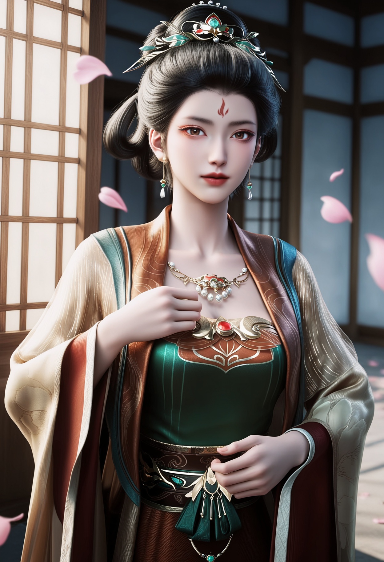 masterpiece,best quality,amazing quality,very aesthetic,high resolution,ultra-detailed,absurdres,scenery,photorealistic,(looking at viewer:1.1),upper body,(Dark room:1.3),(moody lighting:1.1),peach blossom,falling petals,(large breasts:0.8),dalitaihou,1girl,solo,black hair,jewelry,earrings,chinese clothes,hair ornament,forehead mark,realistic,necklace,hair bun,dress,long sleeves,updo,hanfu,hair rings,brown eyes,makeup,wide sleeves,shoes BREAK photorealistic details,<lora:QQSilldalitaihouV1:0.8>,