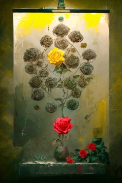 aliekexie,masterpiece,best quality,<lora:阿列克谢·安东诺夫:1>,yellow flower,flower,painting (object),yellow rose,rose,picture frame,(no humans:1.1),red flower,paint,(on the drawing board:1.2),still life,futuristic landscapes,cyberpunk aesthetic,abstract compositions,neon colors,grungy textures,cybernetic organisms,biomechanical designs,otherworldly environments,dystopian themes.,