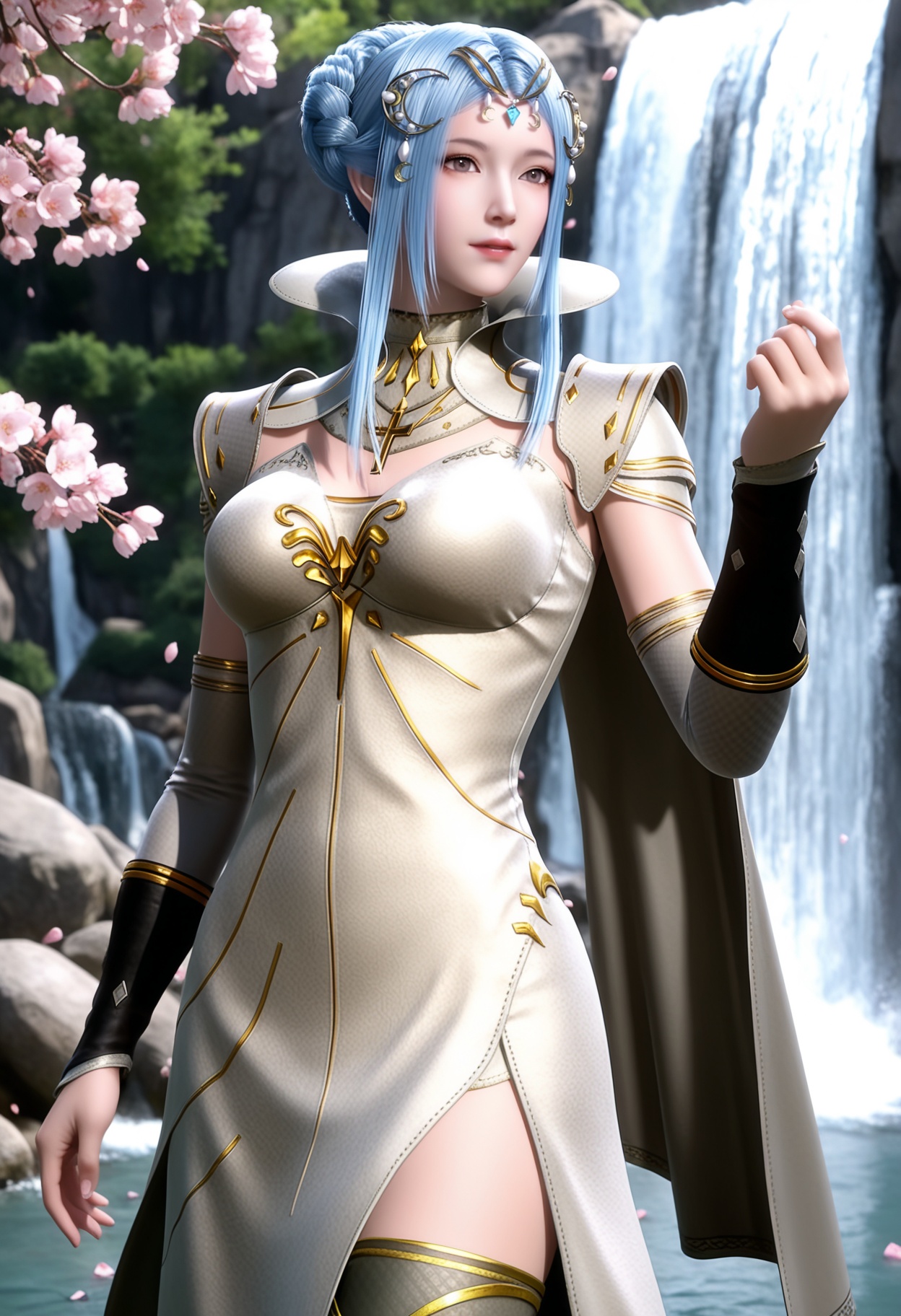 masterpiece,best quality,amazing quality,high resolution,ultra-detailed,absurdres,(looking at viewer:1.1),(upper body:1.1),(moody lighting:1.1),waterfall,peach blossom,falling petals BREAK large breasts,tangyuehua,1girl,solo,light blue hair,hair ornament,hair bun,dress,sidelocks,braid,elbow gloves,realistic,brown eyes,high collar,necklace,detached sleeves,golden cross decoration,jewelry,armor,long hair,cape,thighhighs,thigh boots BREAK photorealistic details,<lora:QQSilltangyuehuaV1:0.8>,