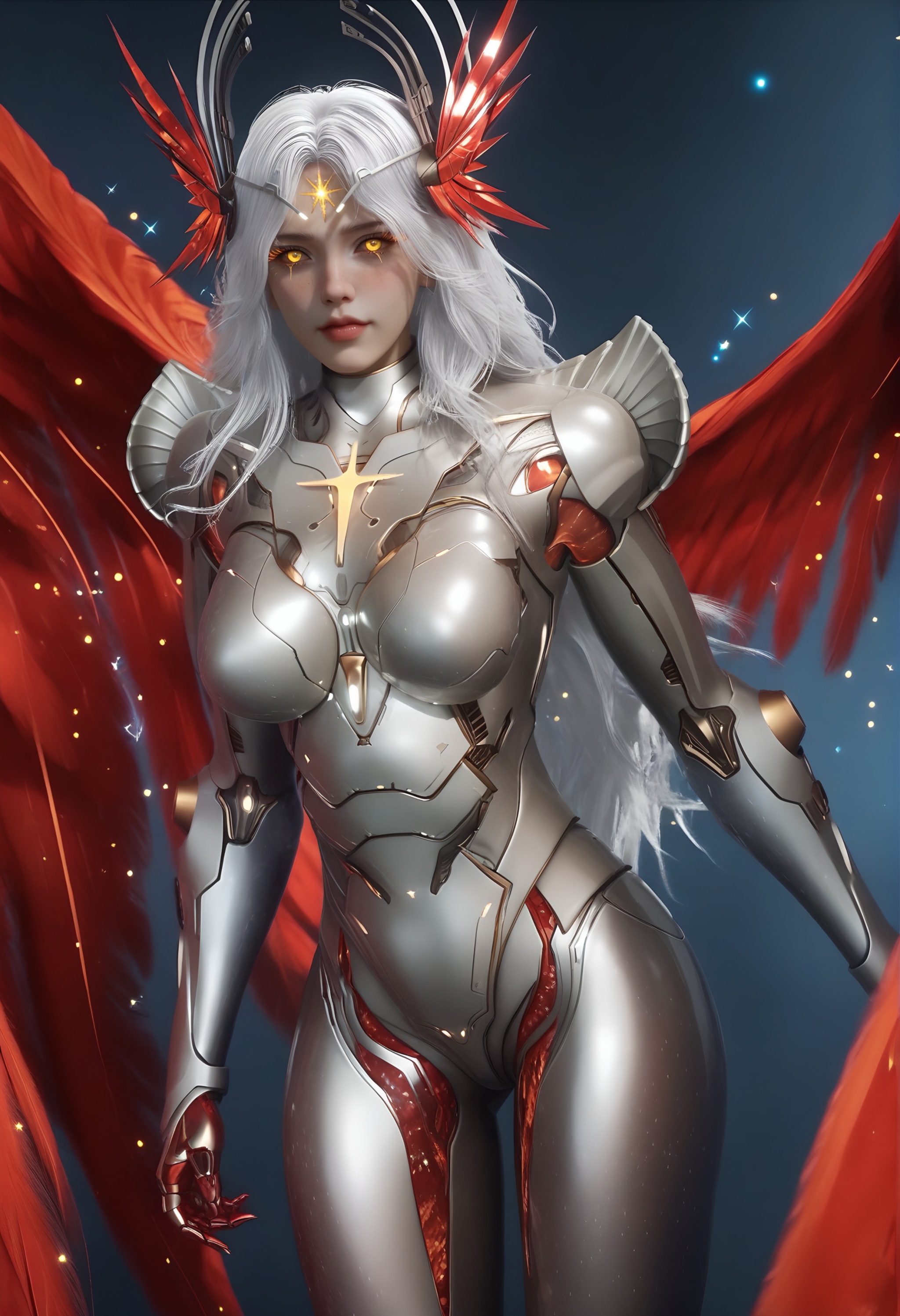(score_9),cowboy shot,standing,<lora:星幻王-apony:0.83>,mechanical angel,xinghuanwang,1girl,solo,ringed eyes,long eyelashes,freckles,hair ornament,long hair,white hair,glowing markings,glowing eyes,yellow eyes,golden,Metallic horn-like ornament,blending feathers and mechanical parts,power armor,shoulder armor,wings,feathered wings,red wings,joints,cybernetic leg,legs, mature_female,BREAK<lora:Expressive_H-000001:0.8>,light blush,Expressiveh,ringed eyes,looking at viewer,front view,fair_skin,(pale skin),(sweaty_skin),ultra-detailed skin texture,detailed textures,<lora:皮肤凹痕:1.5>,<lora:RealisticSkinv1_ponyv6_loraplus:0.35>,real skin,BREAKsimple background,<lora:e色温:0.25>,sparkle,blurry background,4K ultra HD,sharp focus,high detail,high contrast,