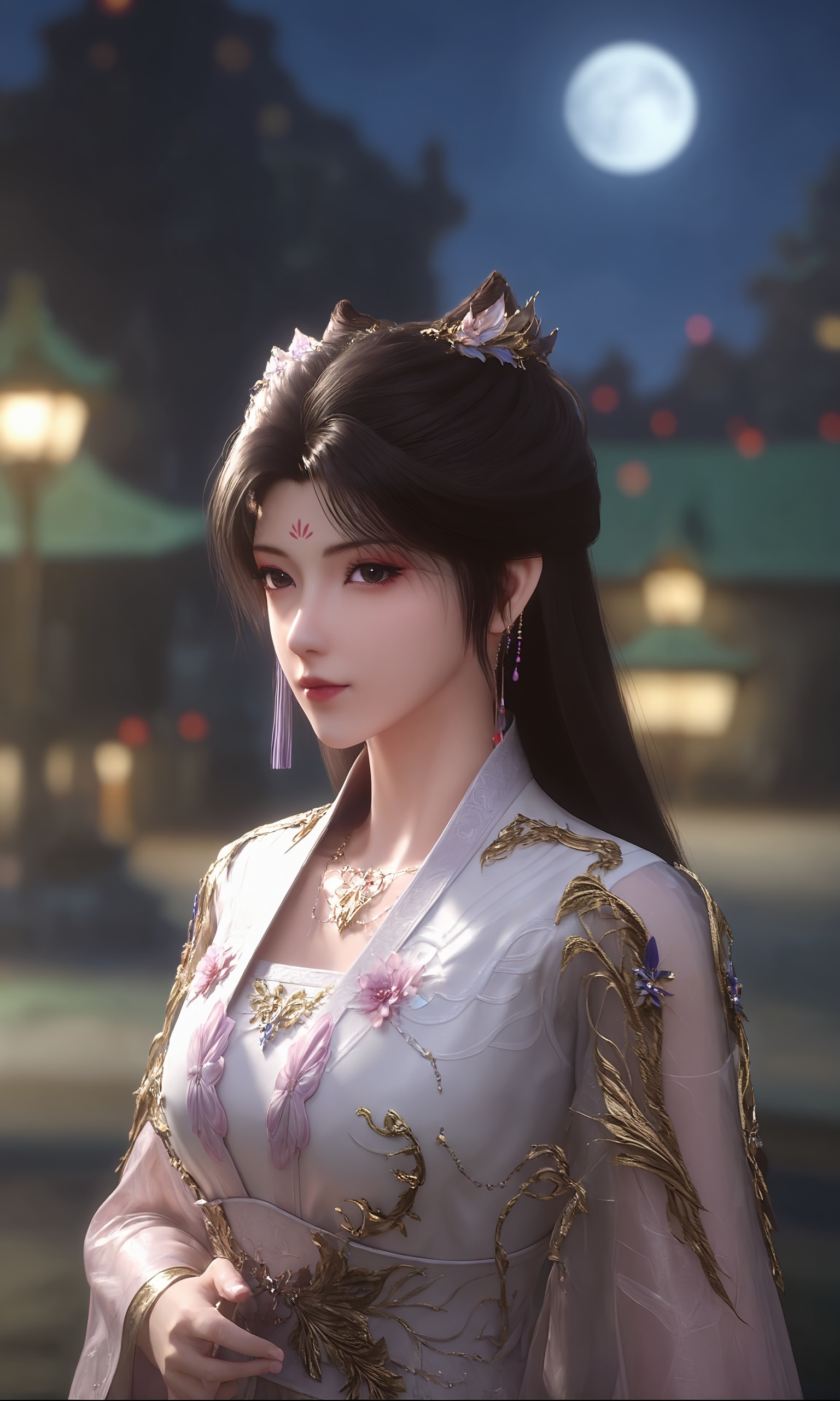 1girl,solo,shiny,shiny_hair,upper_body,fair_skin,white_skin,shiny_skin,shiny,Ivory_skin,looking at viewer,cinematic lighting,volumetric lighting,solo focus,blurry background,depth of field,night,sky,night sky,full moon,moonlight,<lora:新神墓-梦可儿Pony:0.7>,1girl,long,dark hair,elegant updo,delicate,floral hairpins,traditional,flowing robe in pale pink and white,with intricate golden embroidery  and a sheer,transparent overlay,high collar,long sleeves,intricate,with floral patterns,