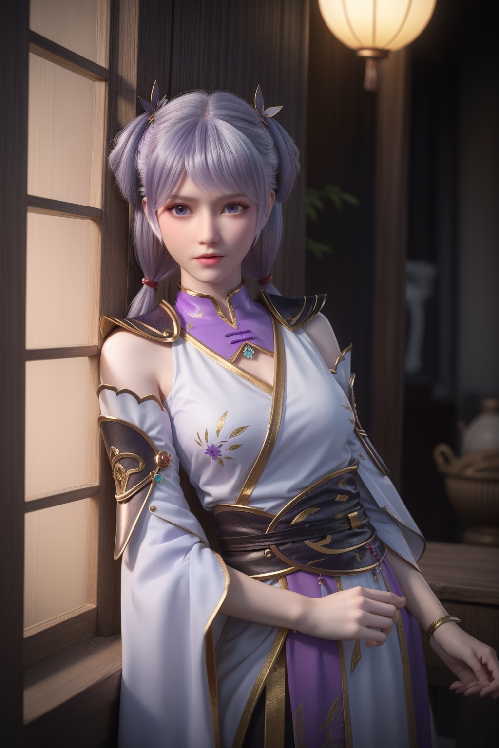 masterpiece,(best quality),official art,extremely detailed cg 8k wallpaper,(extremely delicate and beautiful),solo,realistic,photo_\(medium\),1girl,solo,(light purple hair),bangs,hair ornament,low twintails,realistic,double bunarmor,chinese clothes,bare shoulders,detached sleeves,jewelry,<lora:hanxue_v4.1:0.7>,