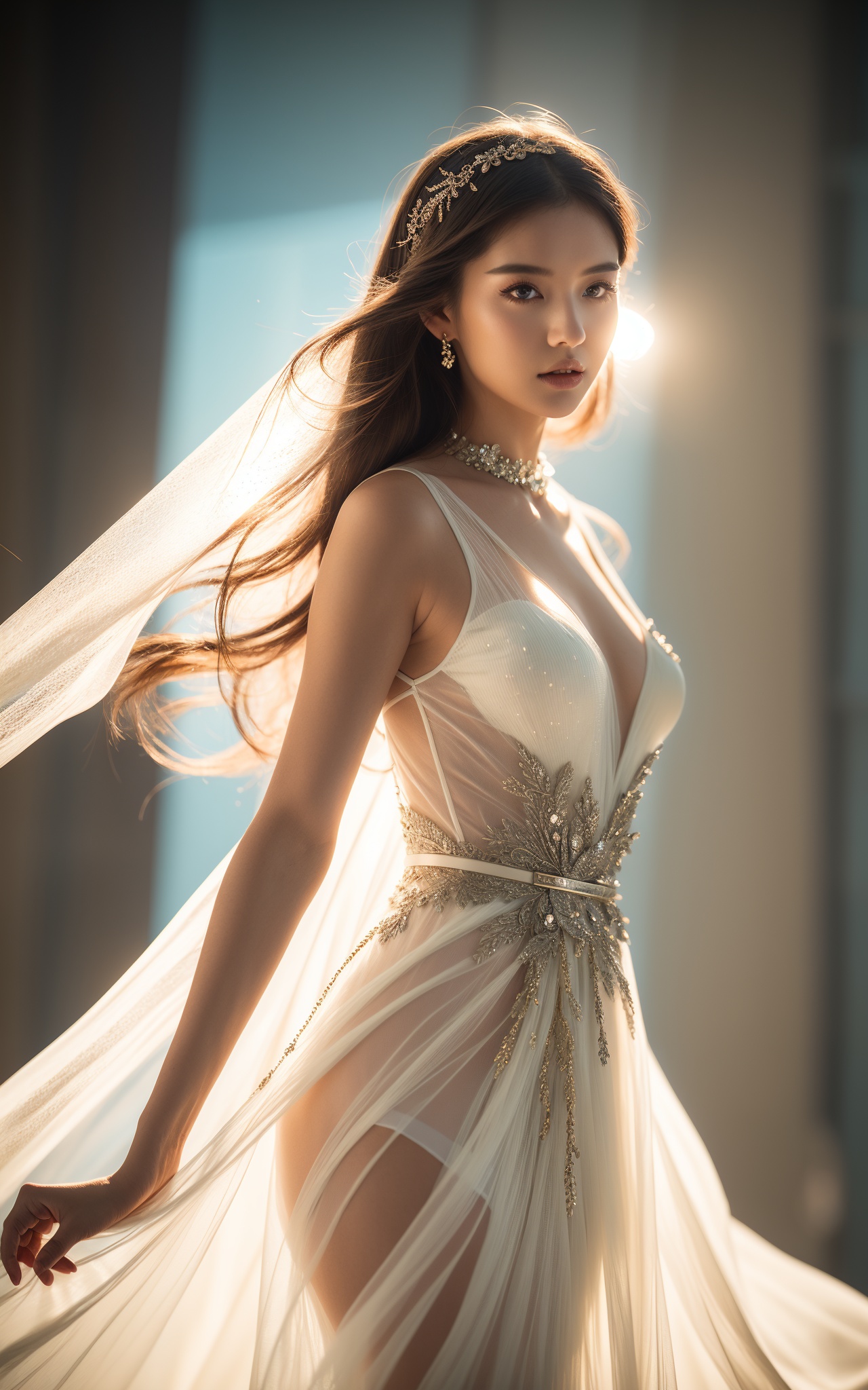 (masterpiece, top quality, best quality, official art, beautiful and aesthetic:1.2),cover art,illustration minimalism,extremely sexy girl,crystal background,intricate handmade translucent gown,dynamic attitude,