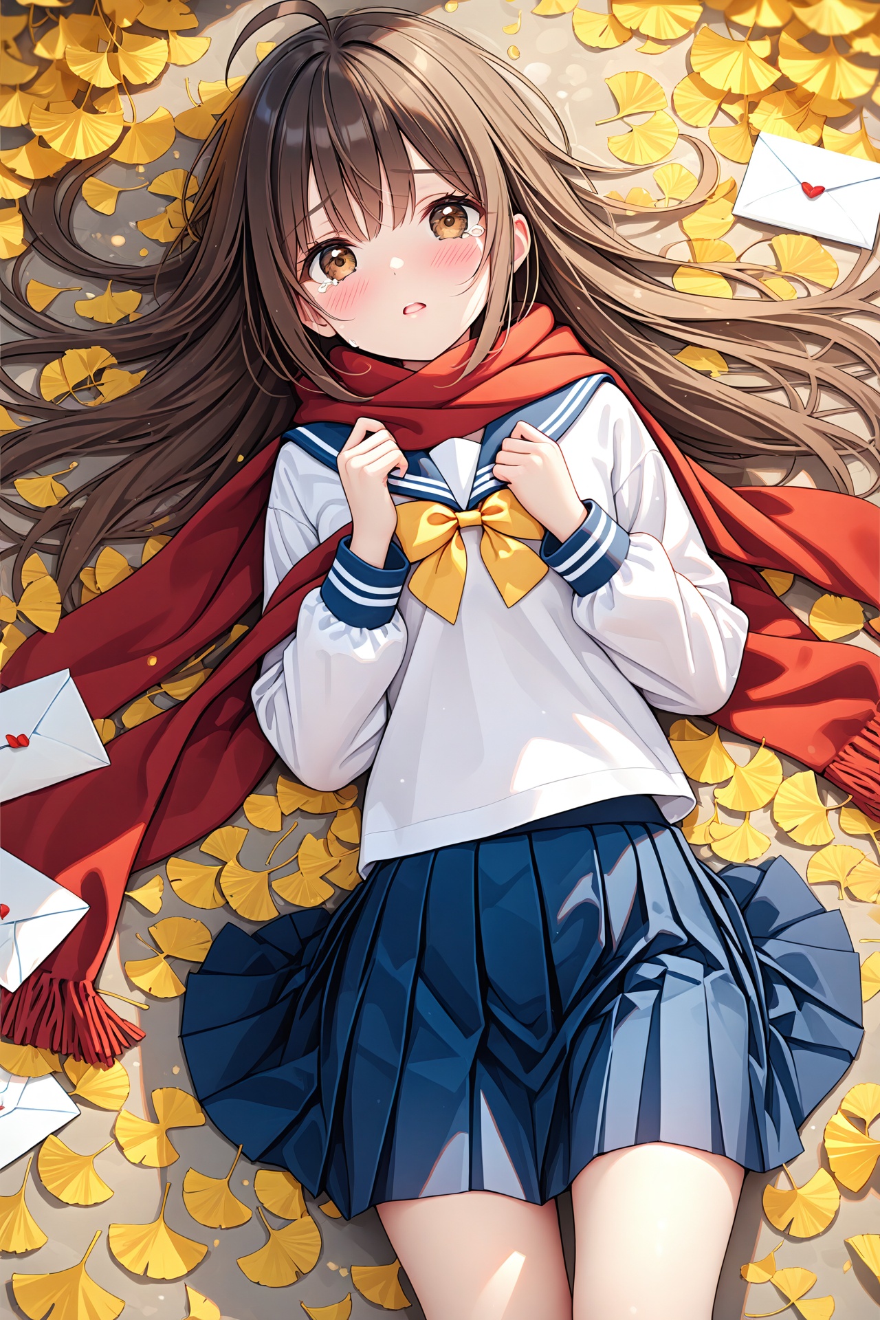 (masterpiece),(best quality),illustration,ultra detailed,hdr,Depth of field,(colorful),1girl,solo,school uniform,skirt,scarf,lying,serafuku,on back,long sleeves,autumn,blue skirt,looking at viewer,sailor collar,bow,brown eyes,long hair,tears,autumn leaves,bangs,blue sailor collar,shirt,parted lips,pleated skirt,white shirt,envelope,ahoge,blurry,red scarf,black hair,crying,leaf,letter,crying with eyes open,yellow bow,outdoors,brown hair,bowtie,ginkgo leaf,from above,tearing up,blush,
